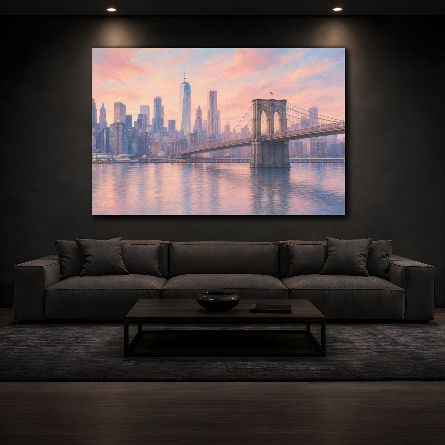 Mockup 4. Nature Brooklyn Bridge Pastel Cityscape shown as stretched canvas wall art