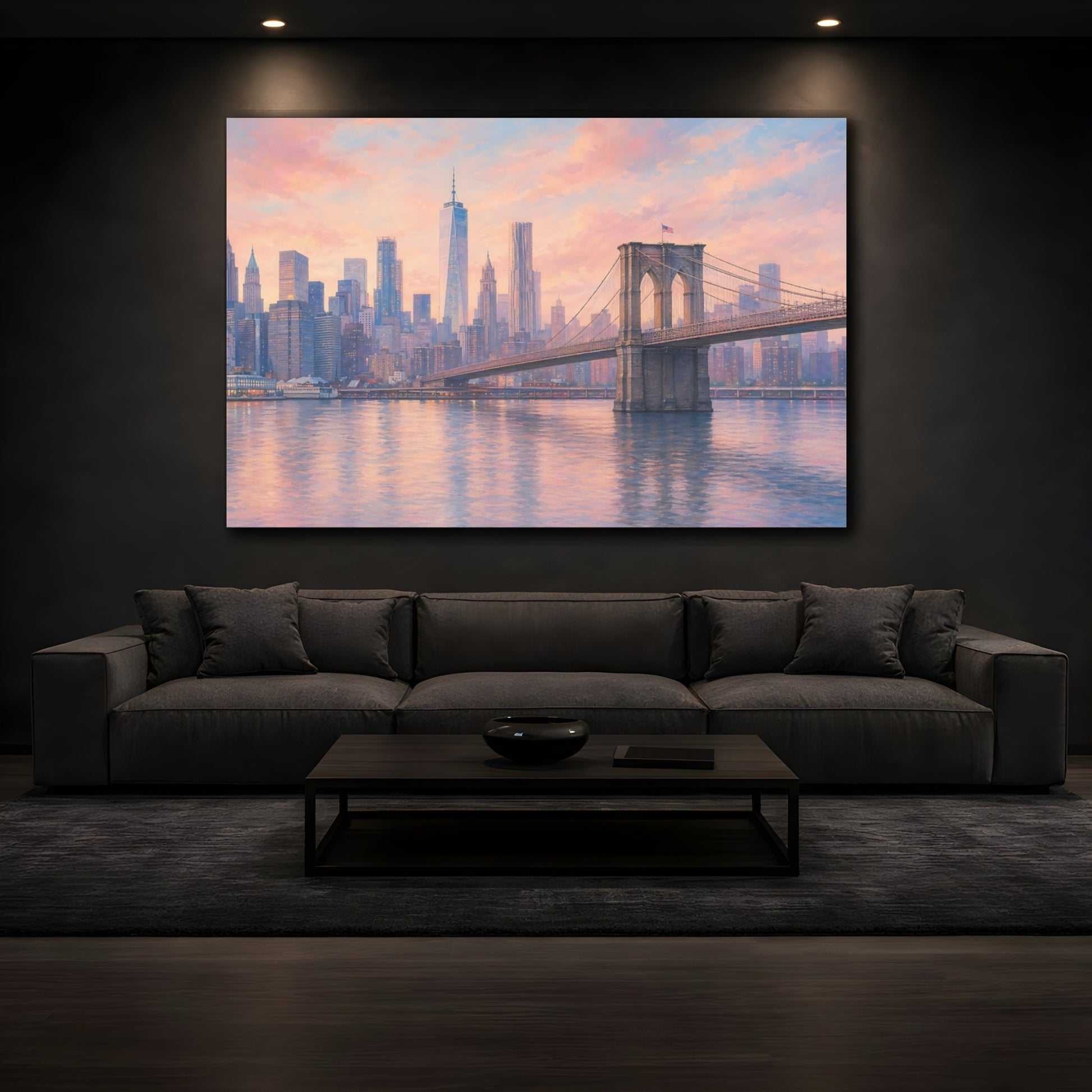 Mockup 4. Nature Brooklyn Bridge Pastel Cityscape shown as stretched canvas wall art