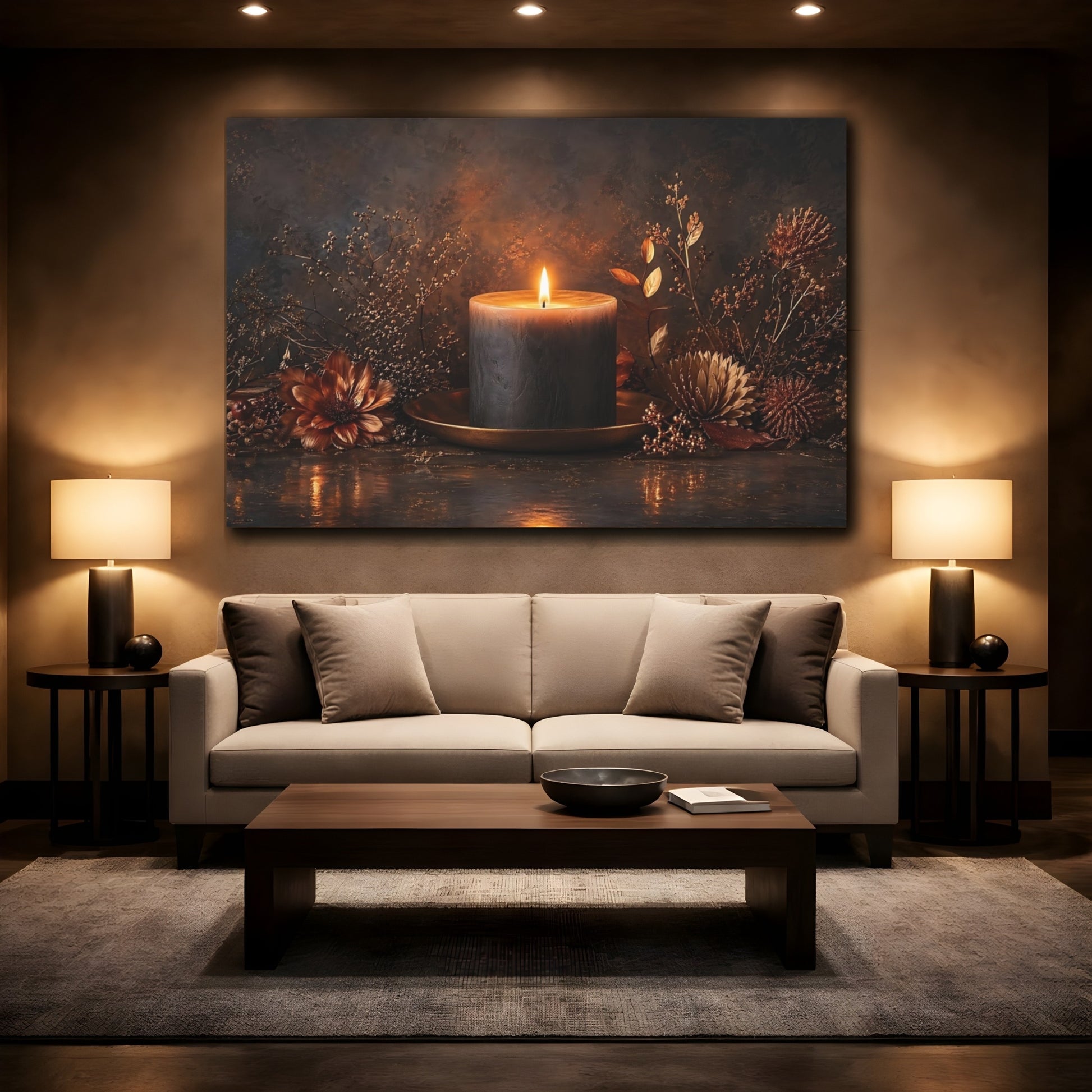 Mockup 2. Nature Burning Candle Dark Candle Glow shown as stretched canvas wall art