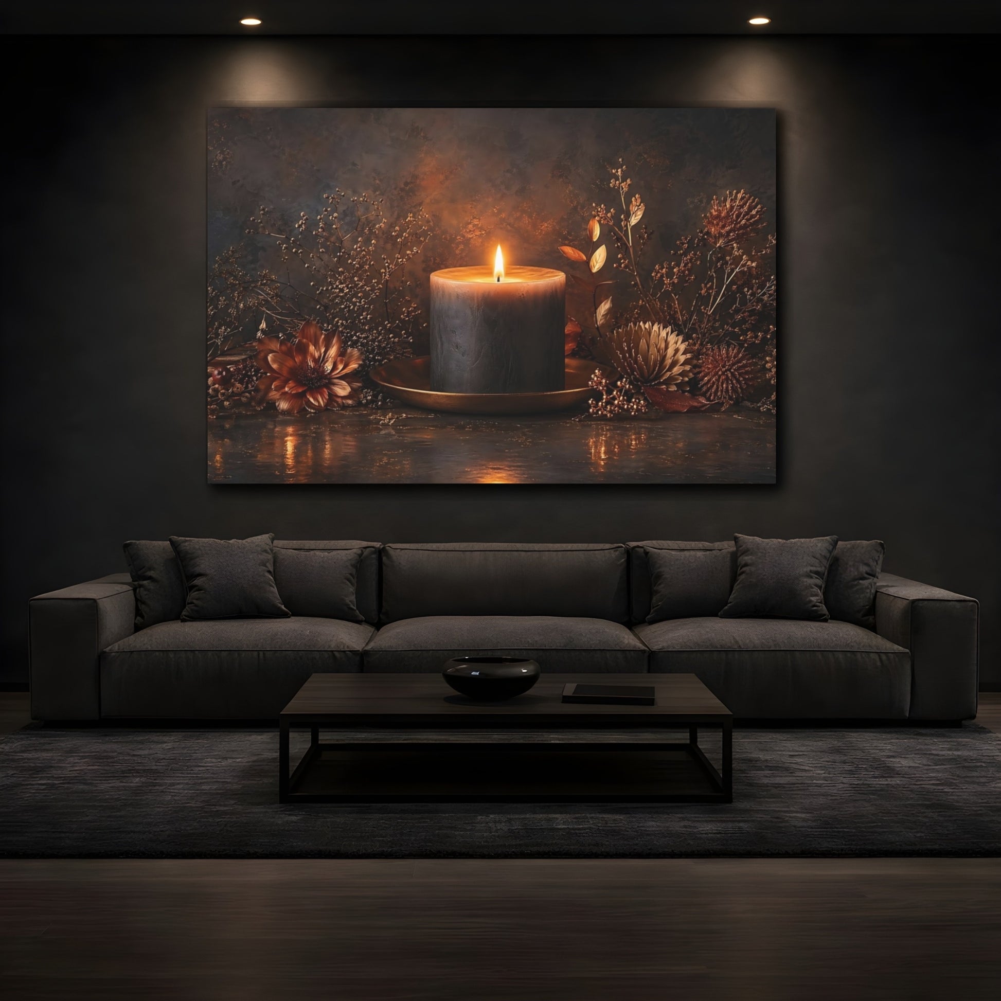 Mockup 3. Nature Burning Candle Dark Candle Glow shown as stretched canvas wall art
