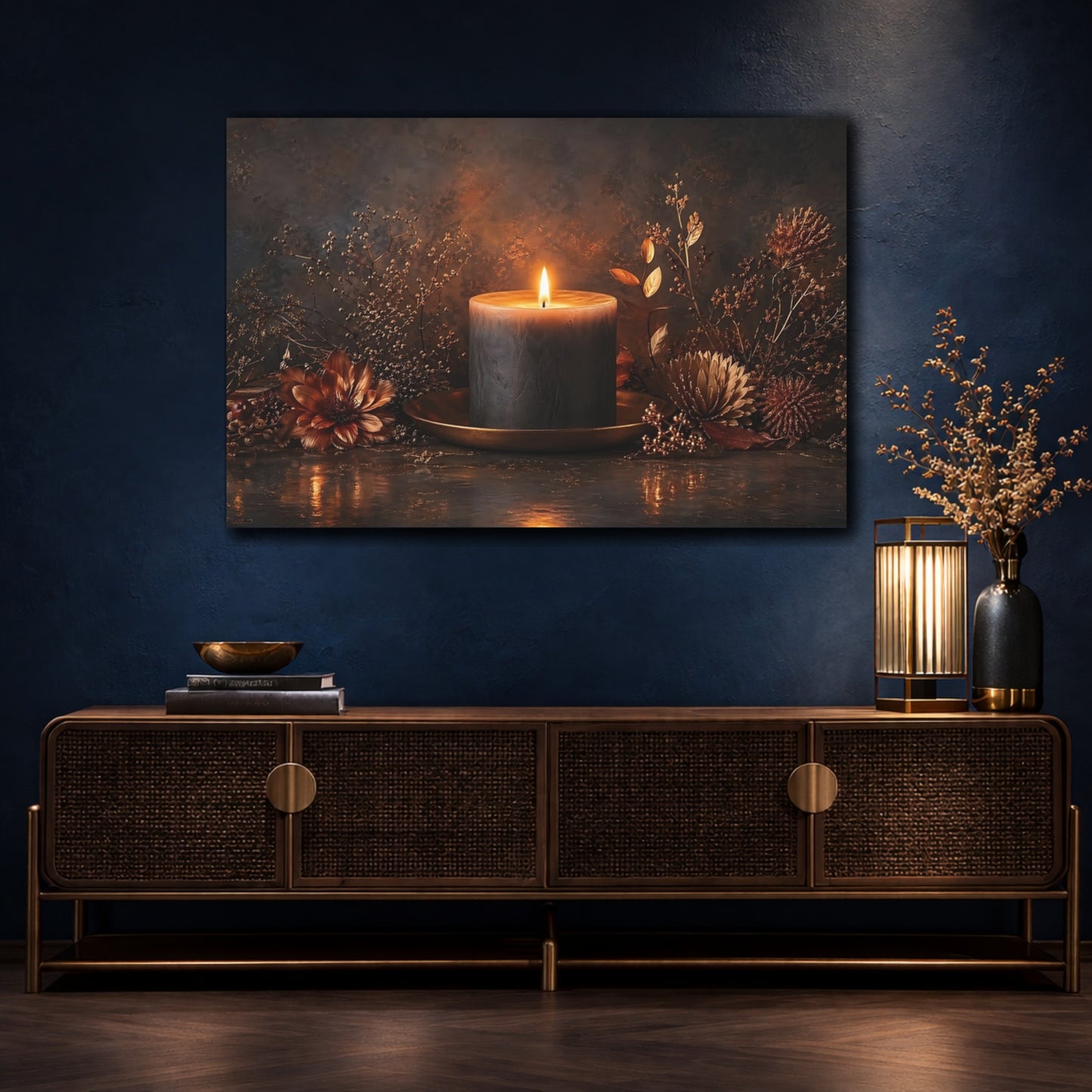 Mockup 4. Nature Burning Candle Dark Candle Glow shown as stretched canvas wall art