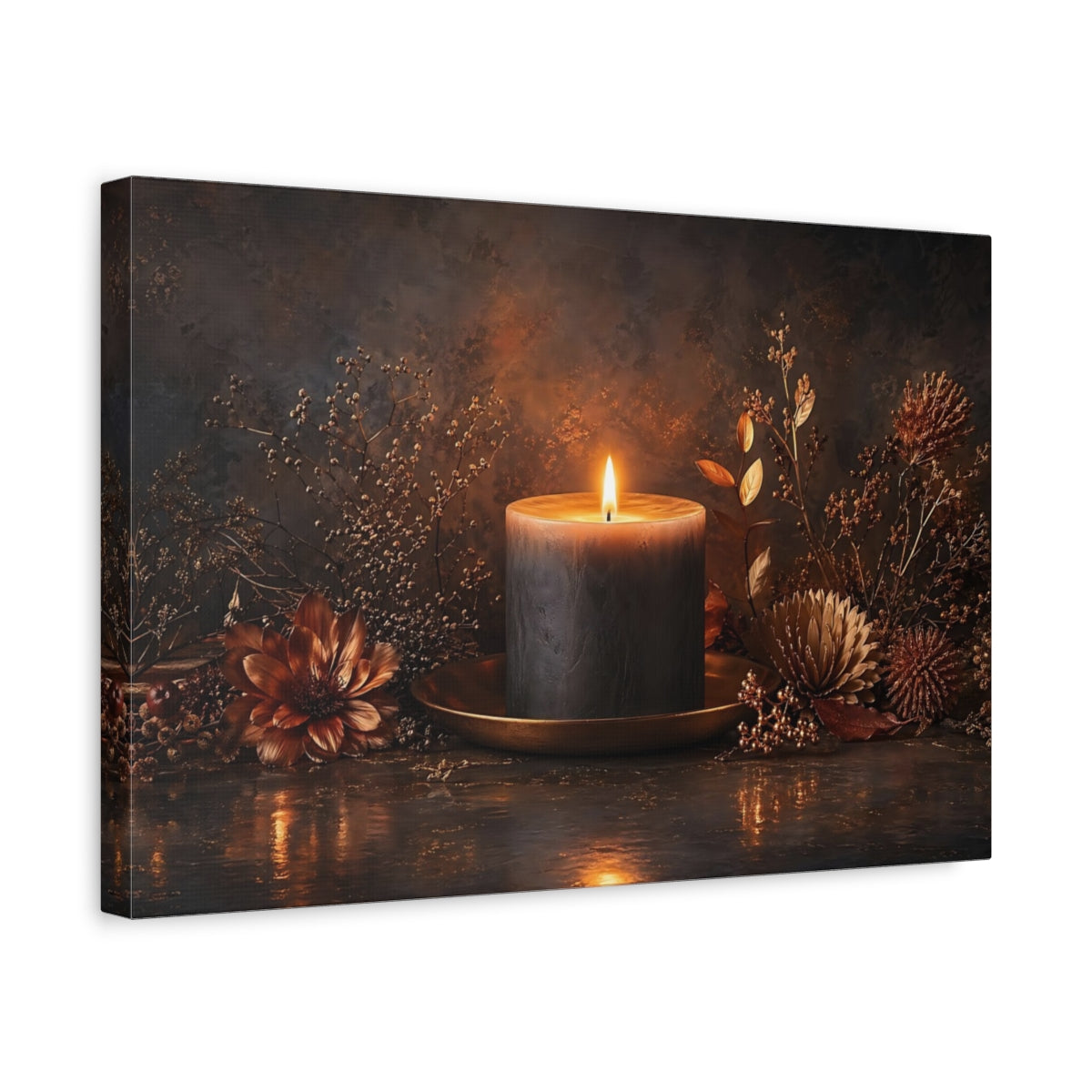 Side Mockup 4. Nature Burning Candle Dark Candle Glow shown as stretched canvas wall art
