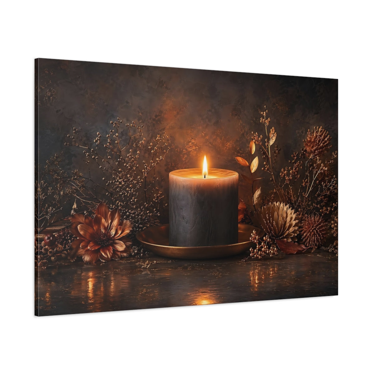 Side Mockup 1. Nature Burning Candle Dark Candle Glow shown as stretched canvas wall art