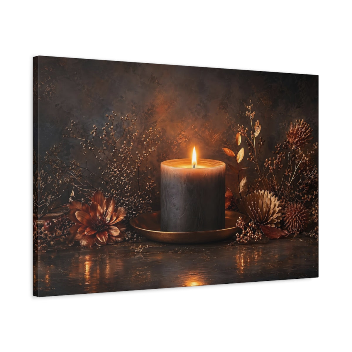 Side Mockup 2. Nature Burning Candle Dark Candle Glow shown as stretched canvas wall art