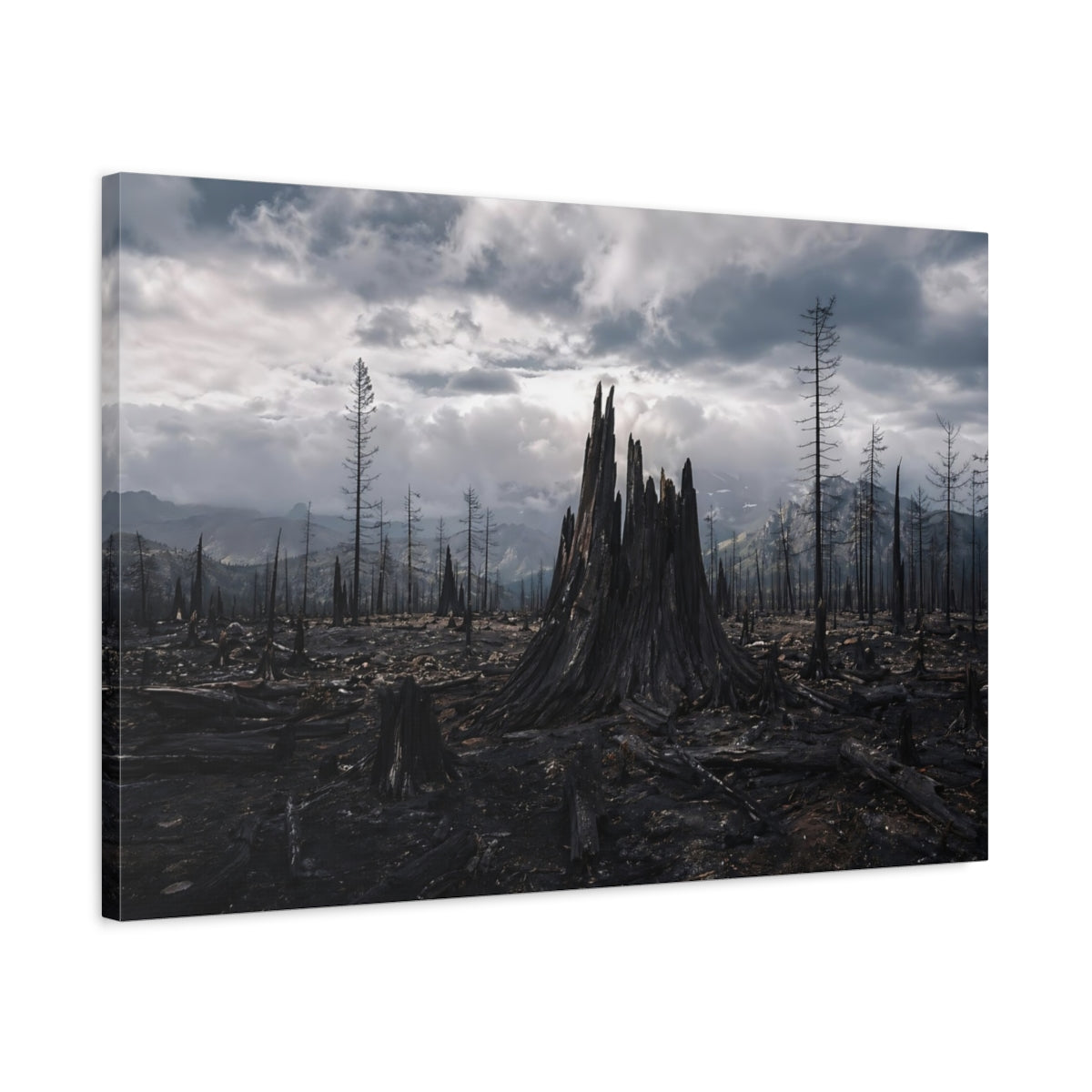 Side Mockup 2. Nature Burnt Forest Dark Landscape shown as stretched canvas wall art