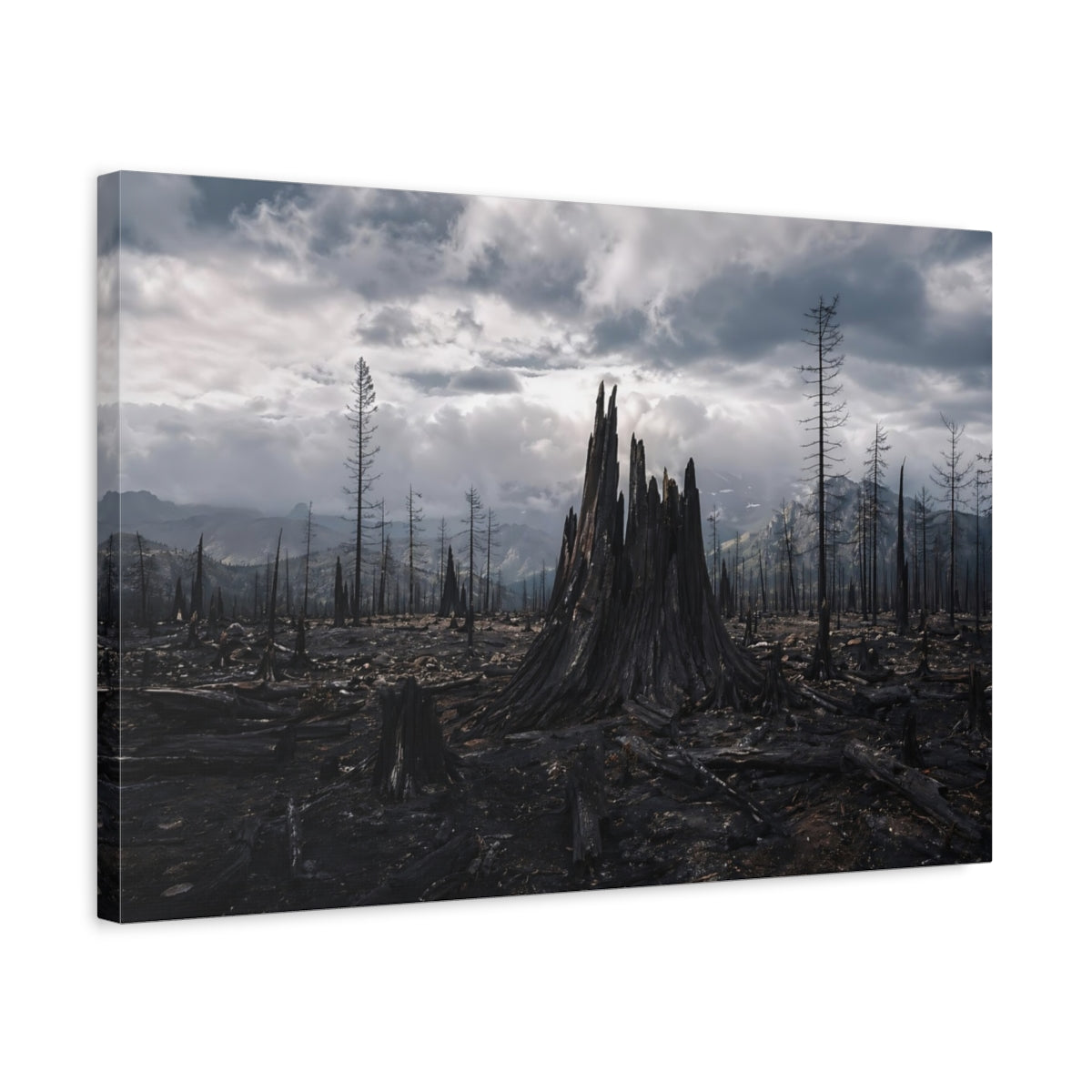 Side Mockup 3. Nature Burnt Forest Dark Landscape shown as stretched canvas wall art