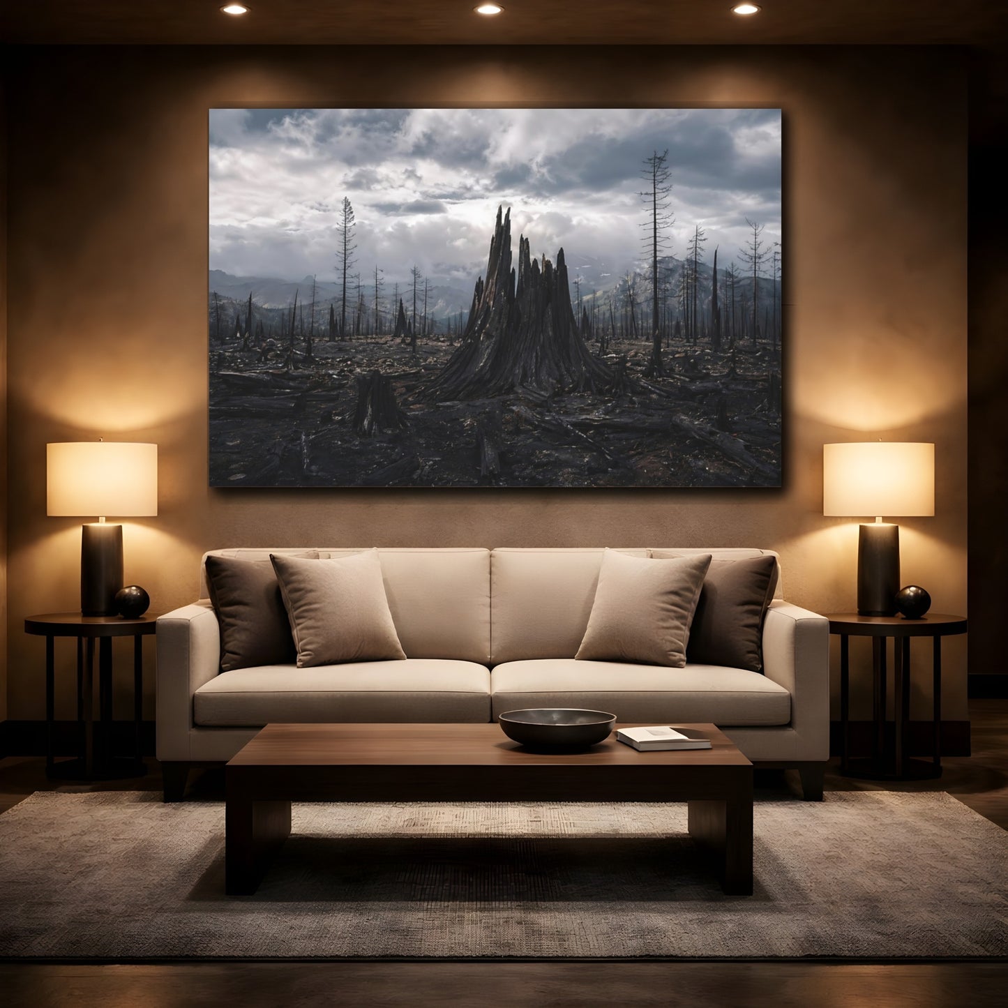 Mockup 2. Nature Burnt Forest Dark Landscape shown as stretched canvas wall art