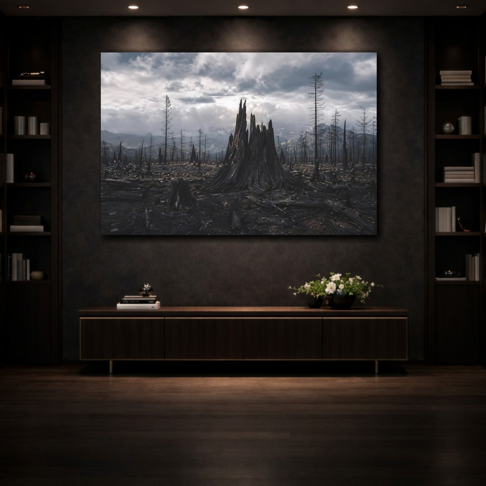 Mockup 3. Nature Burnt Forest Dark Landscape shown as stretched canvas wall art