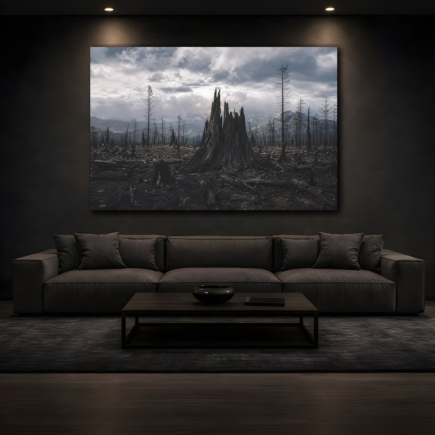 Mockup 4. Nature Burnt Forest Dark Landscape shown as stretched canvas wall art