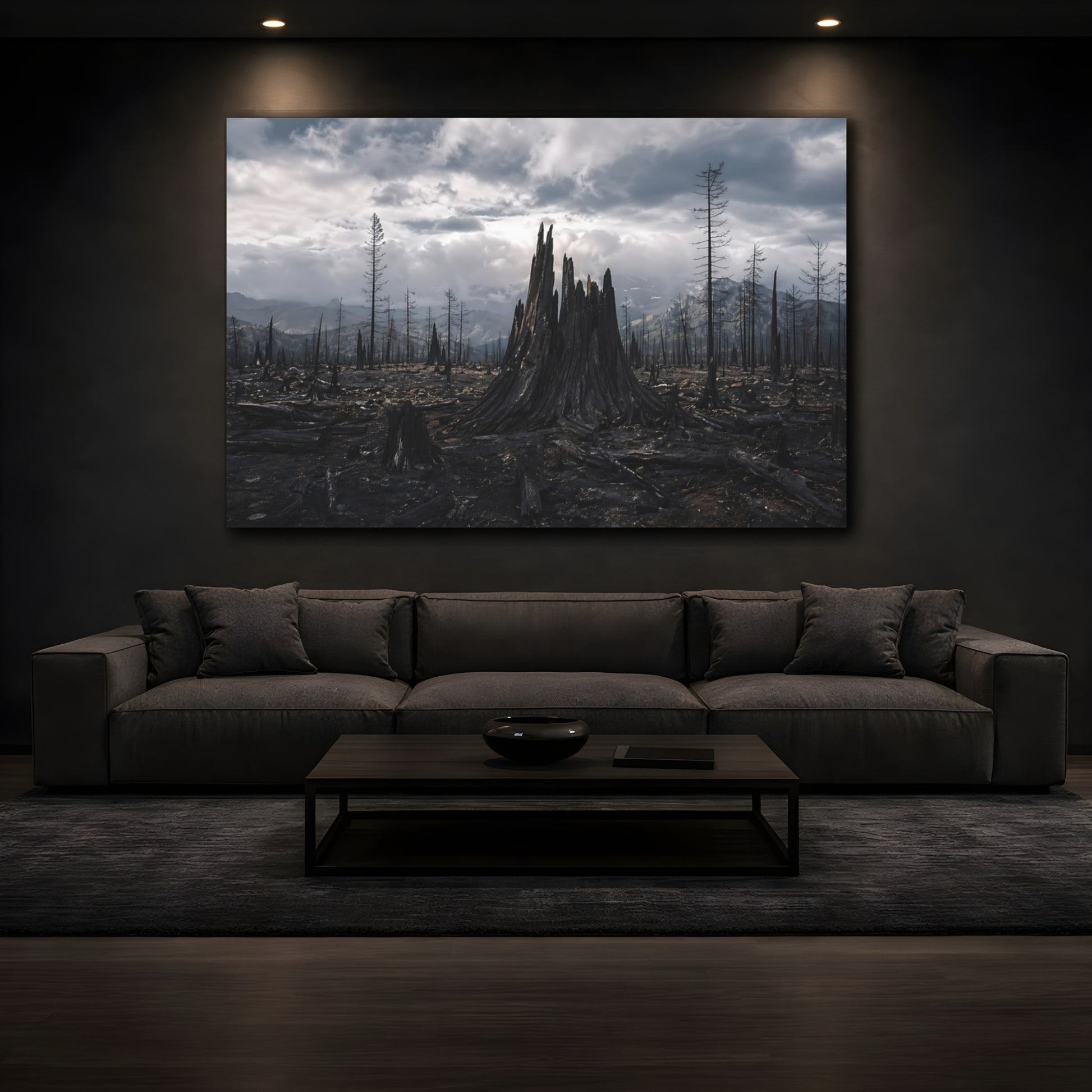 Mockup 4. Nature Burnt Forest Dark Landscape shown as stretched canvas wall art