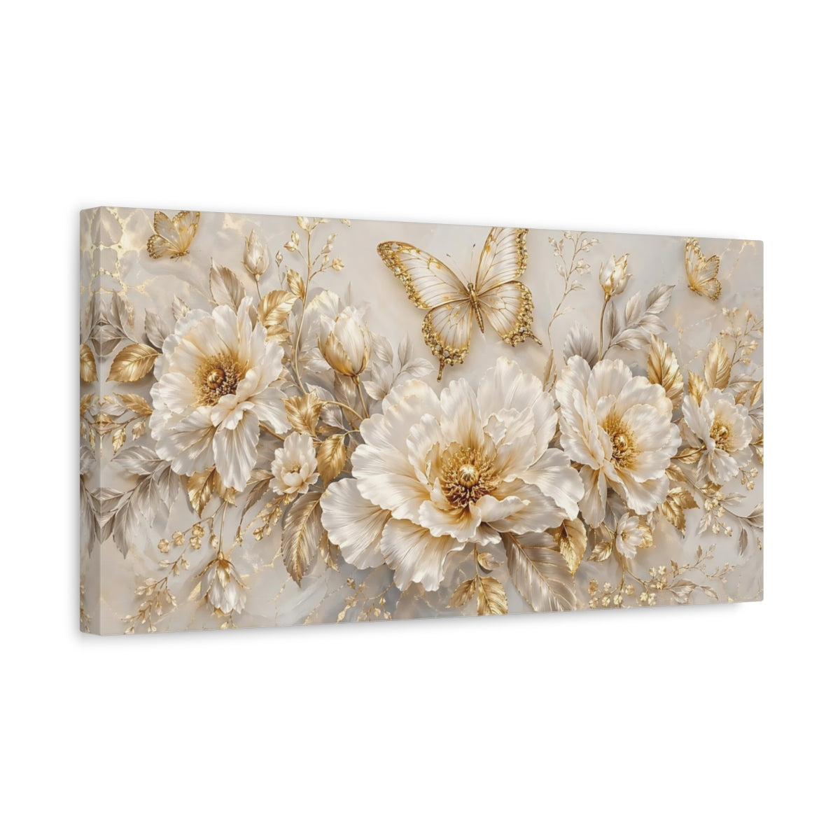 Side Mockup 3. Nature Butterflies, Flowers Gold And White shown as stretched canvas wall art