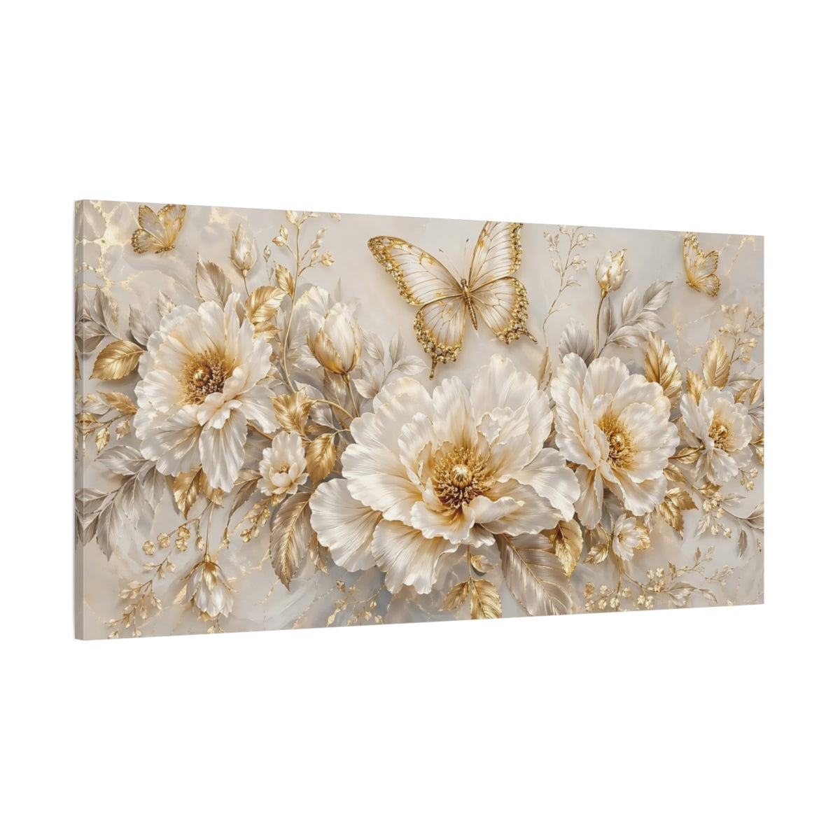 Side Mockup 2. Nature Butterflies, Flowers Gold And White shown as stretched canvas wall art