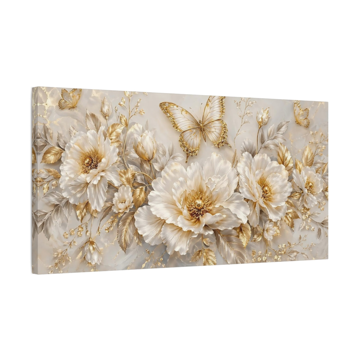 Side Mockup 1. Nature Butterflies, Flowers Gold And White shown as stretched canvas wall art