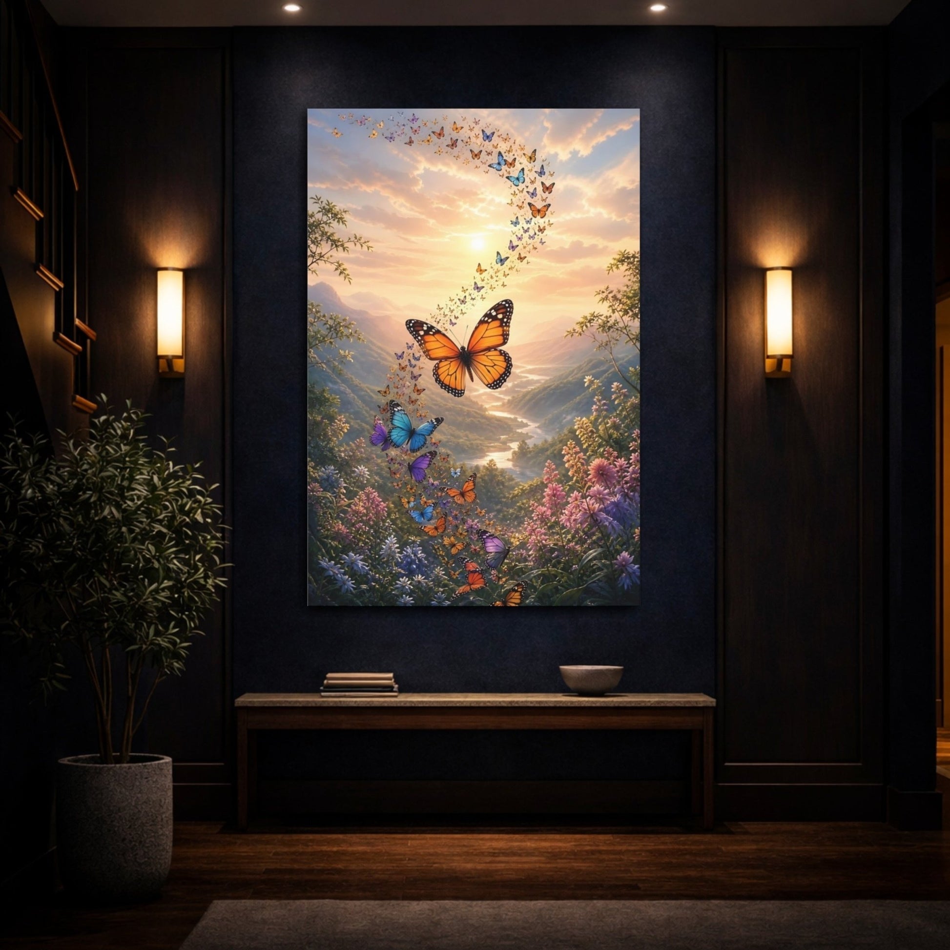 Nature Butterflies Landscape Canvas Print – Vibrant Decor for Living Room, Above Couch - YesArtYes