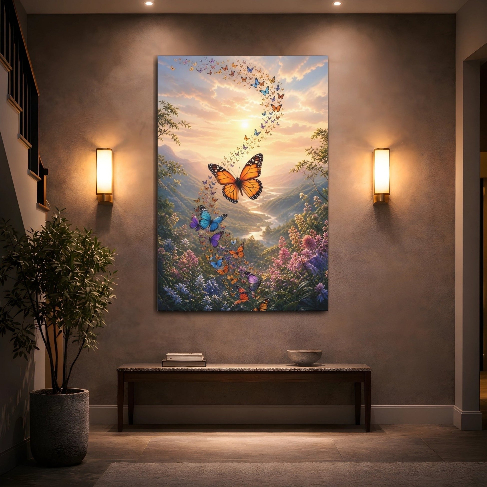 Nature Butterflies Landscape Canvas Print – Vibrant Decor for Living Room, Above Couch - YesArtYes