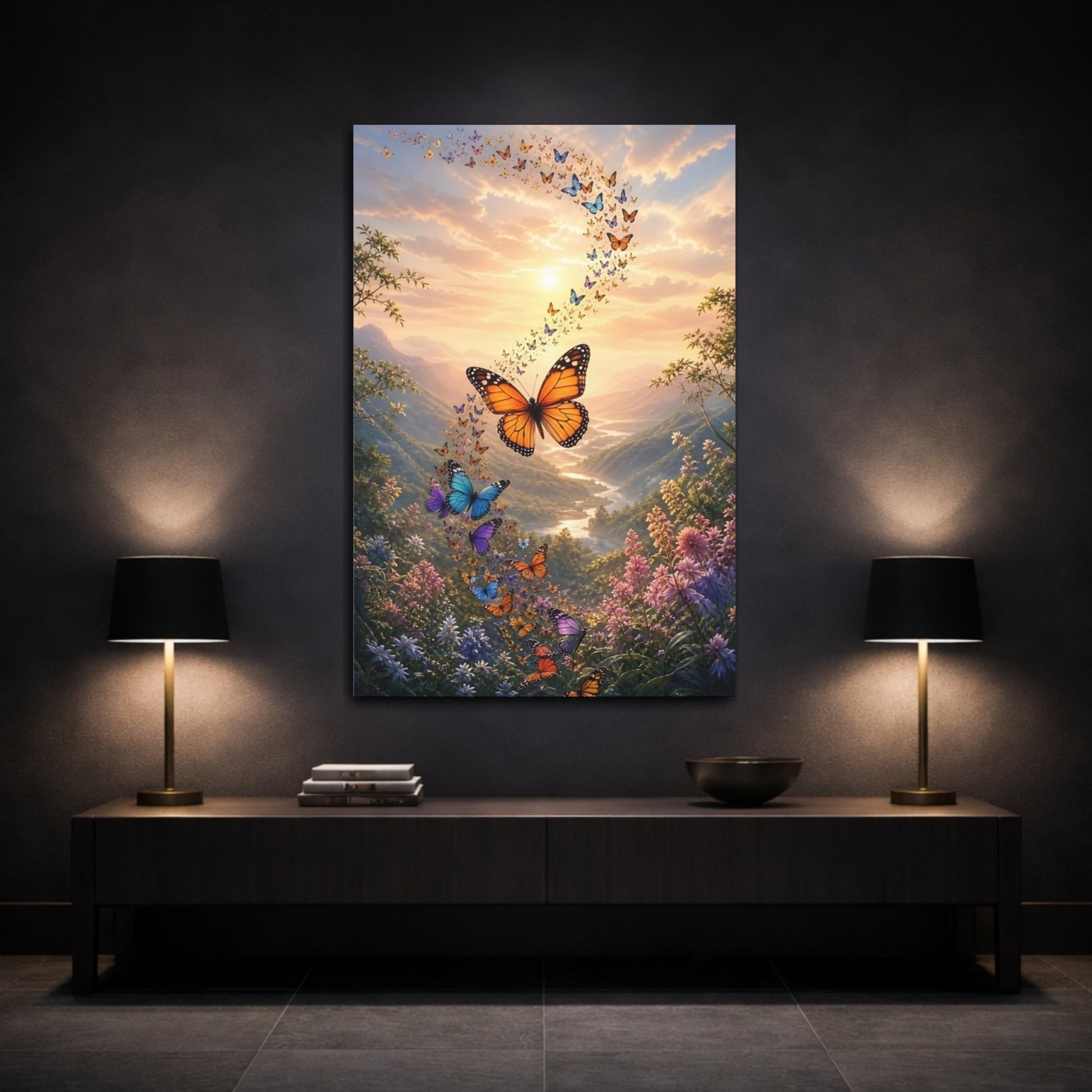 Nature Butterflies Landscape Canvas Print – Vibrant Decor for Living Room, Above Couch - YesArtYes