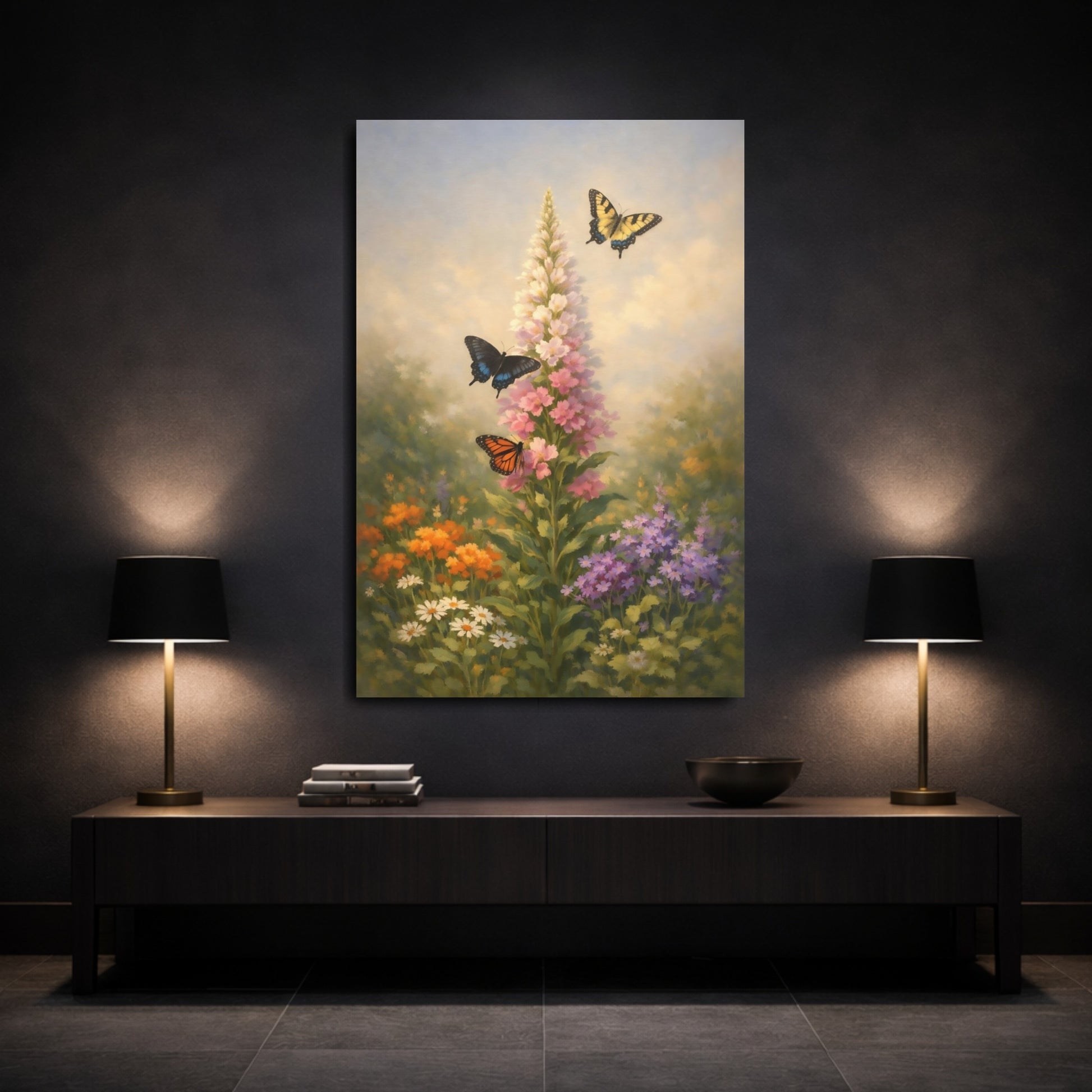 Mockup 2. Nature Butterflies, Flowers Floral Garden shown as stretched canvas wall art