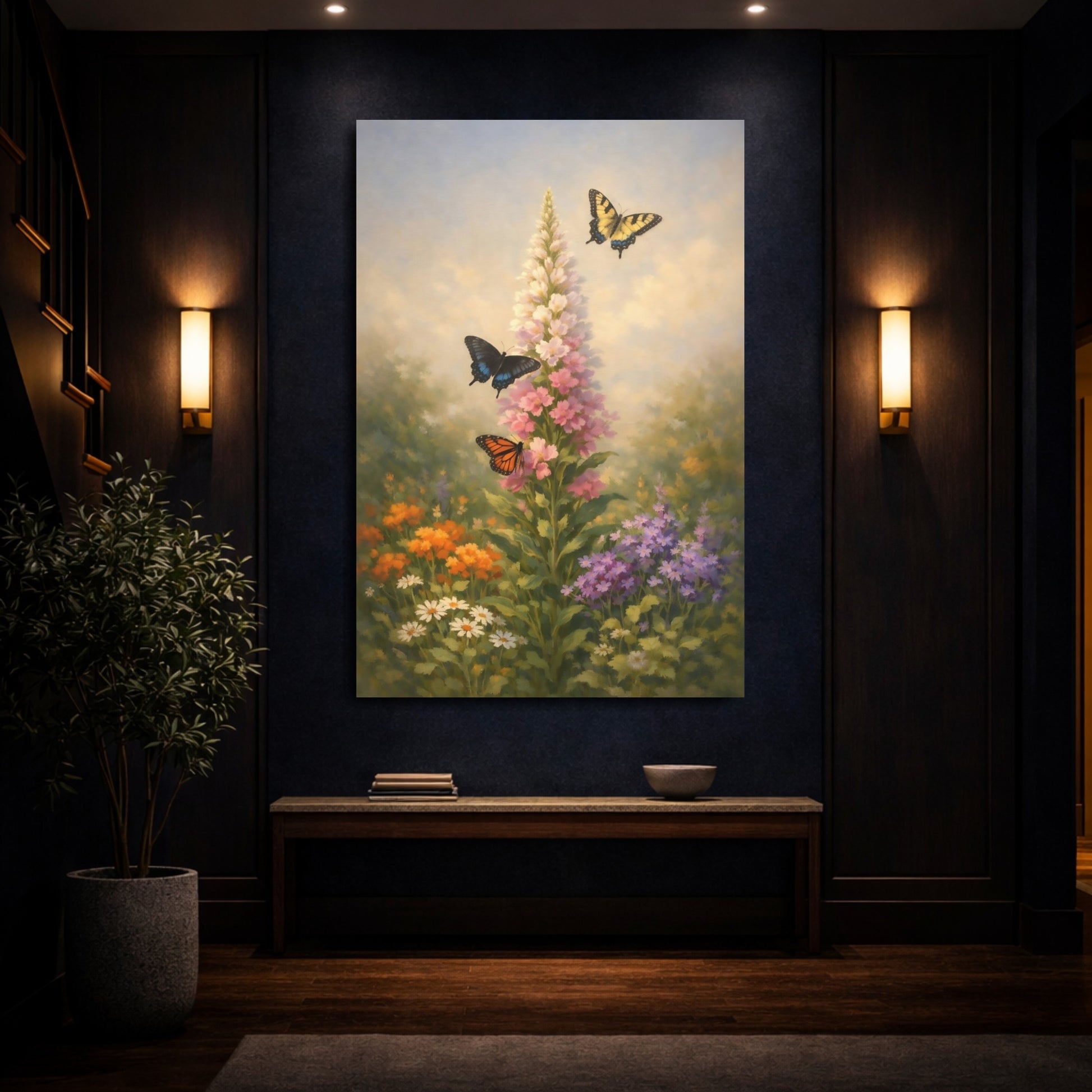 Mockup 3. Nature Butterflies, Flowers Floral Garden shown as stretched canvas wall art