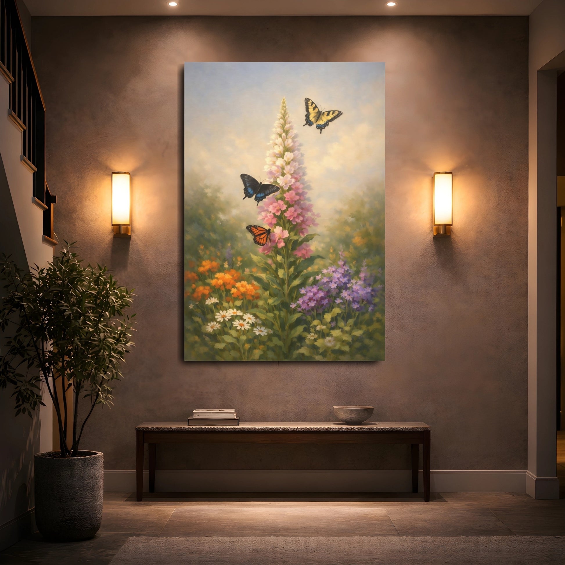 Mockup 4. Nature Butterflies, Flowers Floral Garden shown as stretched canvas wall art