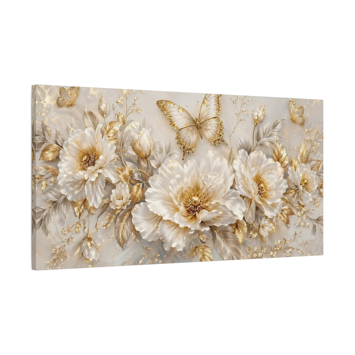 Main Mockup. Nature Butterflies, Flowers Gold And White shown as stretched canvas wall art