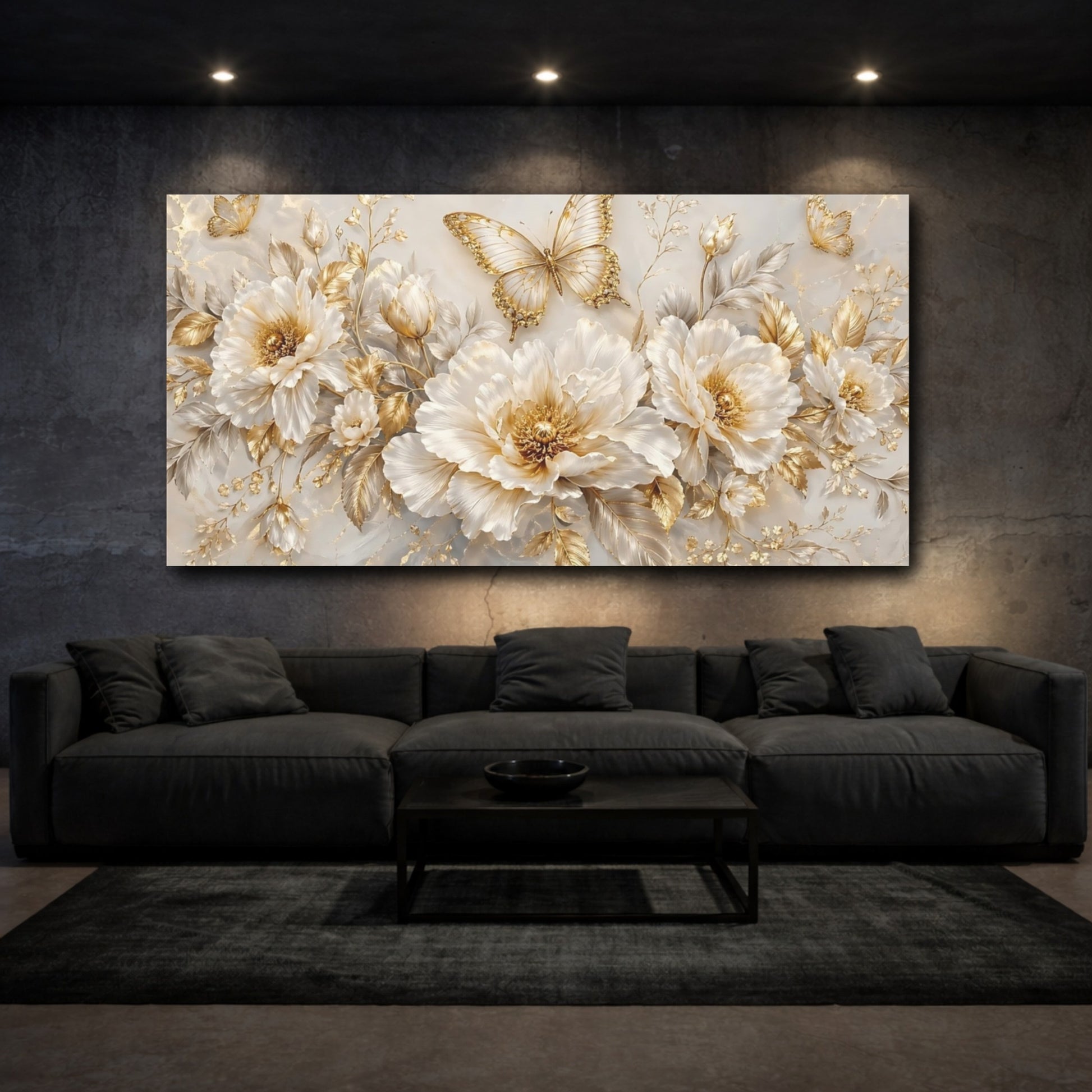 Mockup 2. Nature Butterflies, Flowers Gold And White shown as stretched canvas wall art