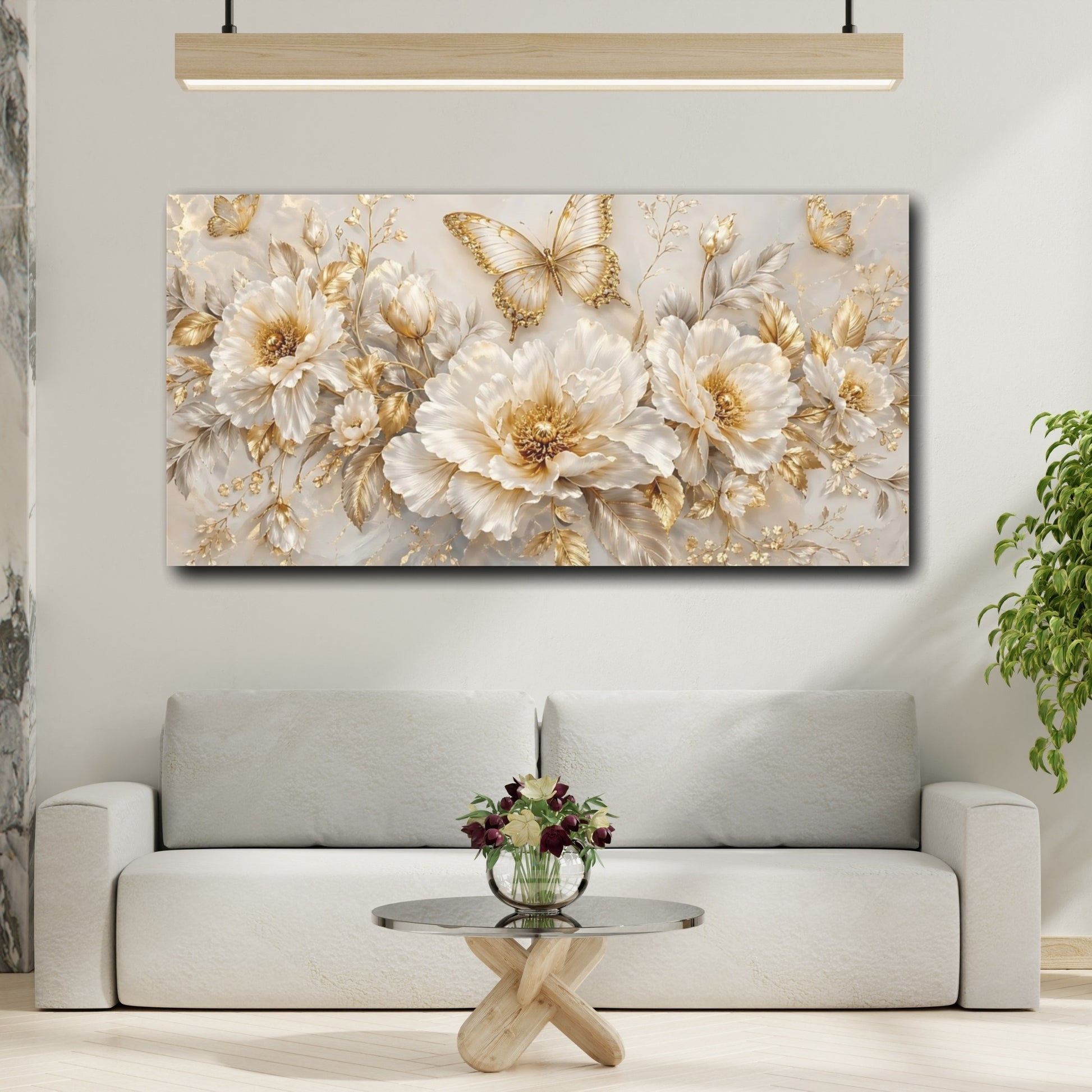 Mockup 3. Nature Butterflies, Flowers Gold And White shown as stretched canvas wall art