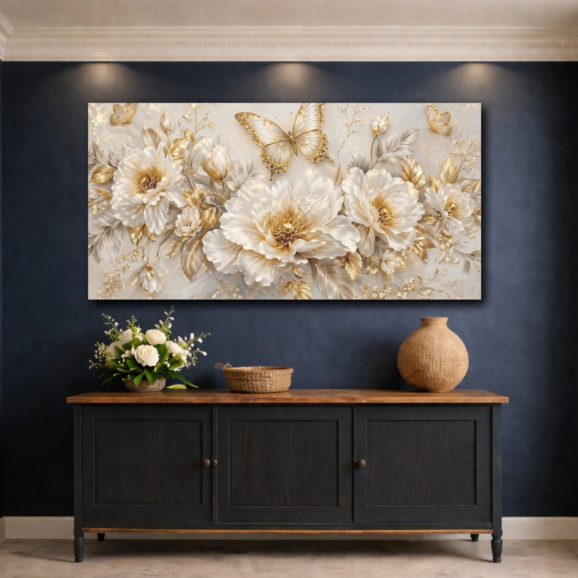 Mockup 4. Nature Butterflies, Flowers Gold And White shown as stretched canvas wall art