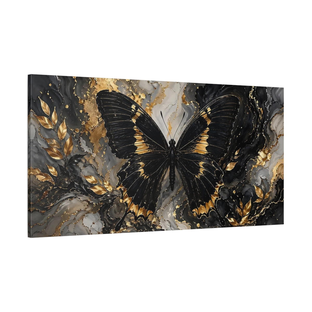 Side Mockup 2. Nature Butterfly Black And Gold shown as stretched canvas wall art