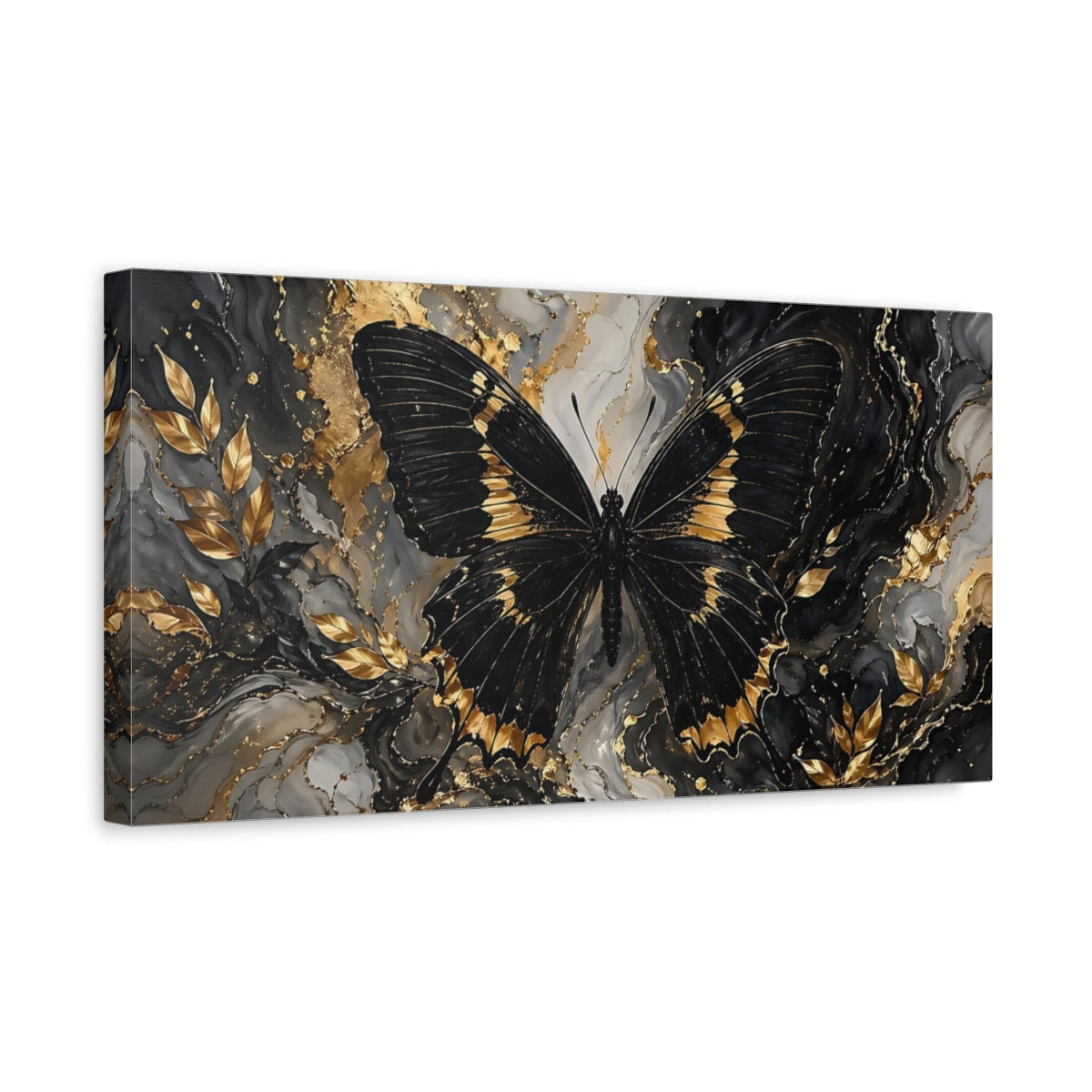 Side Mockup 3. Nature Butterfly Black And Gold shown as stretched canvas wall art