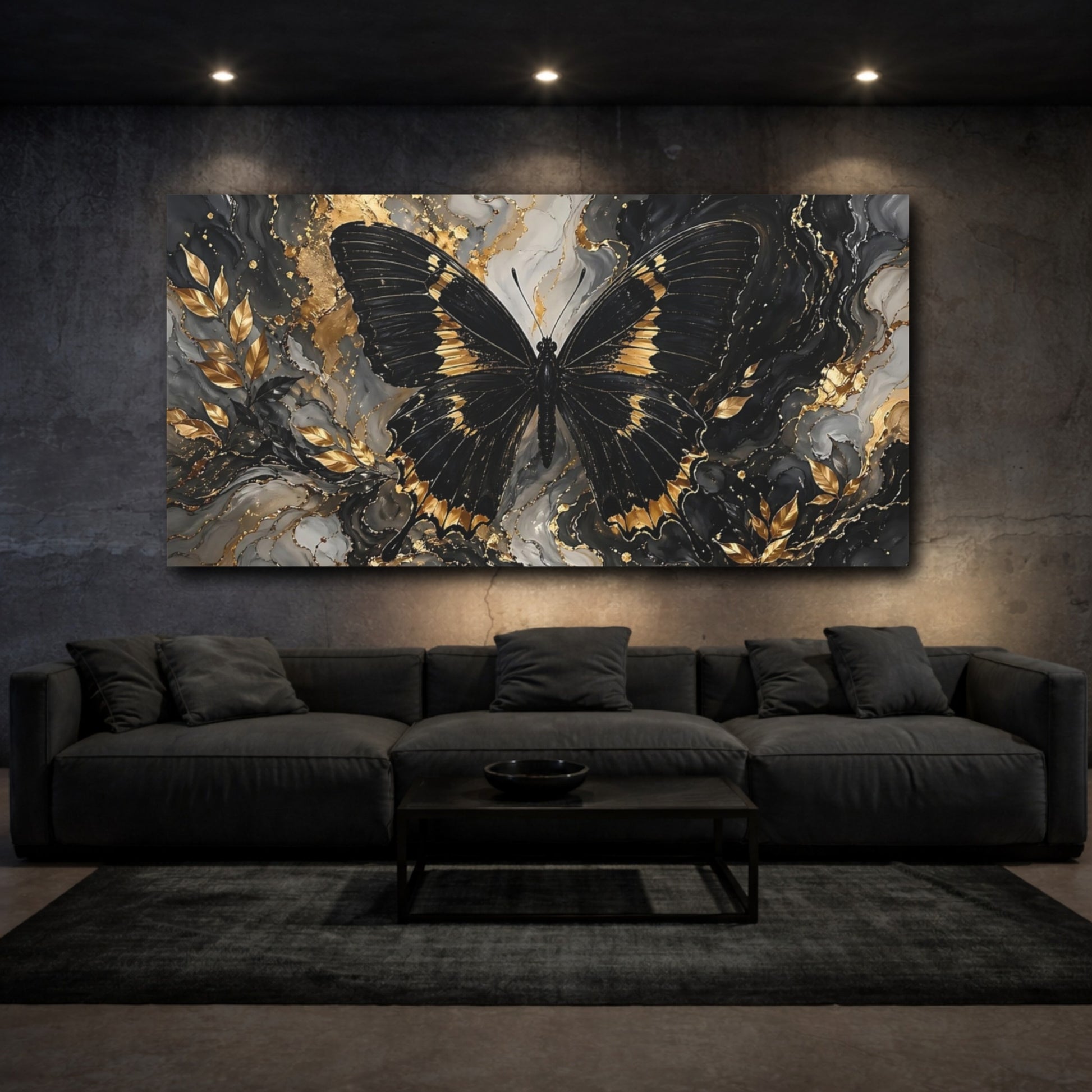 Mockup 2. Nature Butterfly Black And Gold shown as stretched canvas wall art