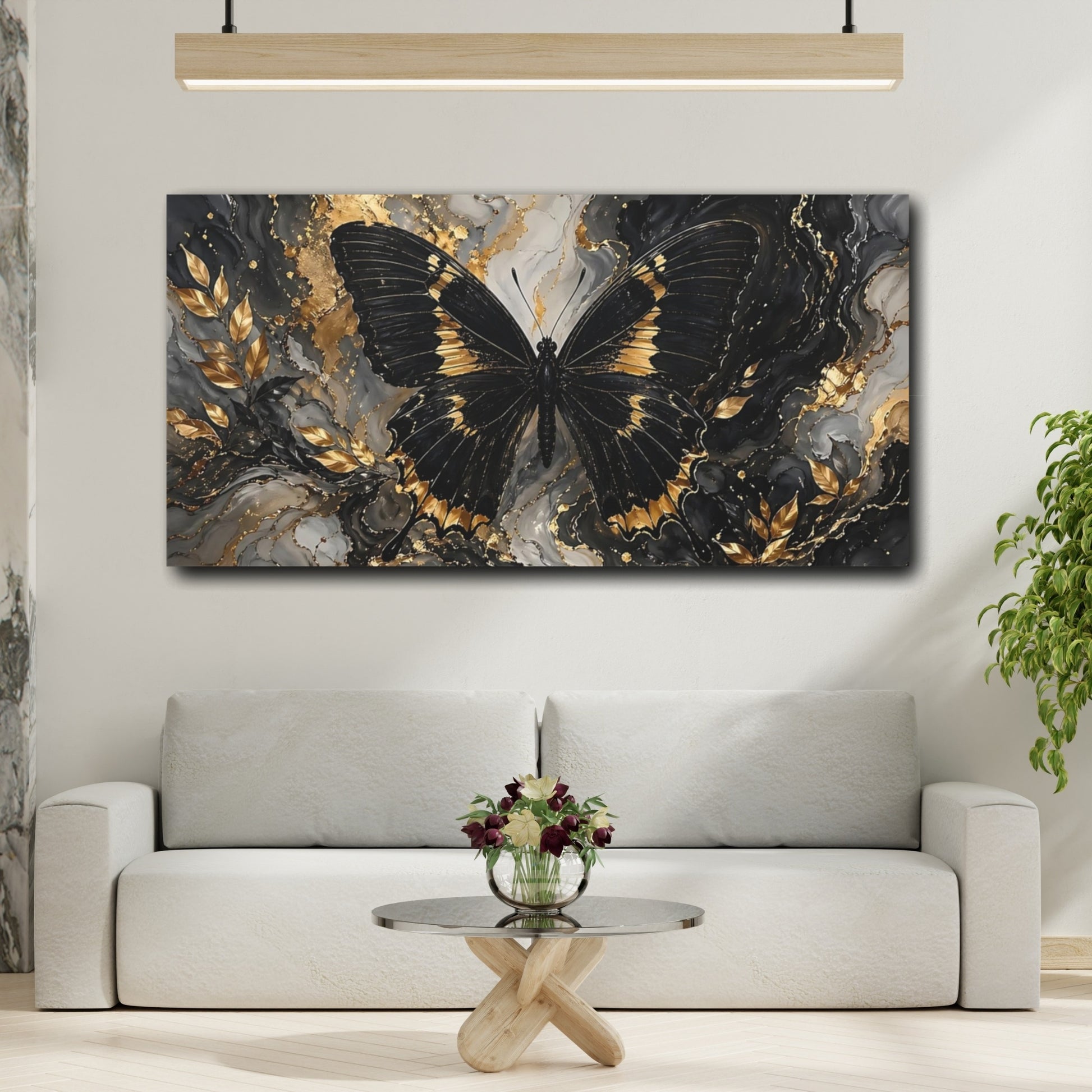 Mockup 3. Nature Butterfly Black And Gold shown as stretched canvas wall art