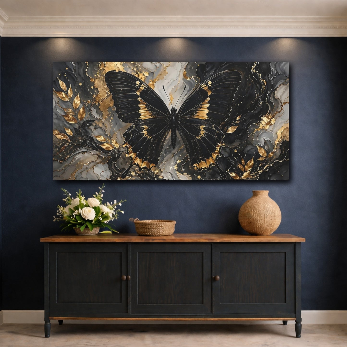Mockup 4. Nature Butterfly Black And Gold shown as stretched canvas wall art