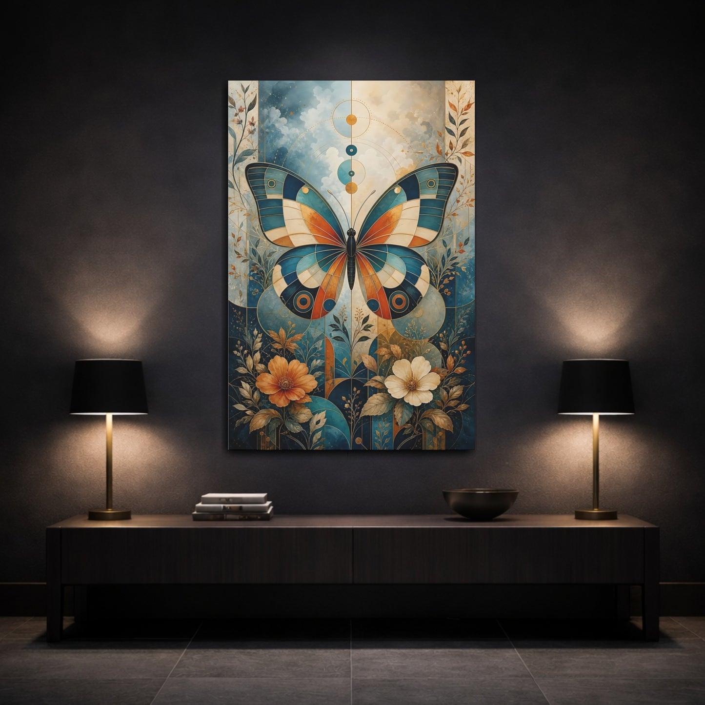 Mockup 3. Nature Butterfly Blue And Orange shown as stretched canvas wall art