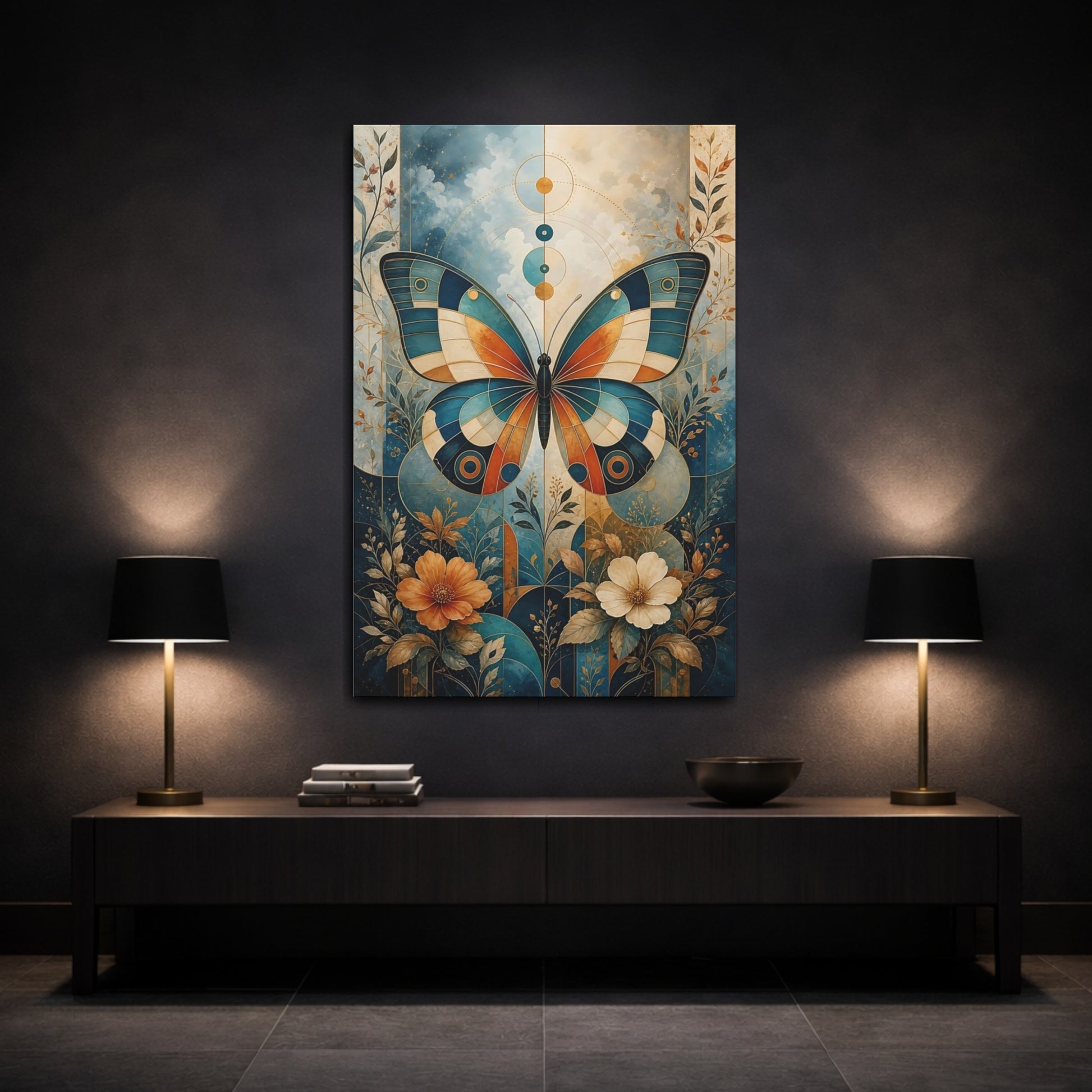 Mockup 3. Nature Butterfly Blue And Orange shown as stretched canvas wall art