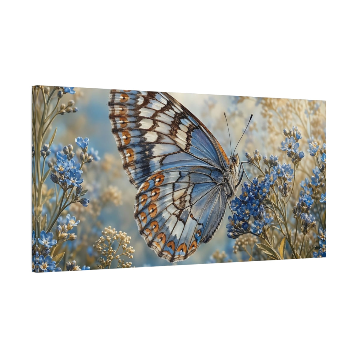 Main Mockup. Nature Butterfly Blue Butterfly Floral shown as stretched canvas wall art