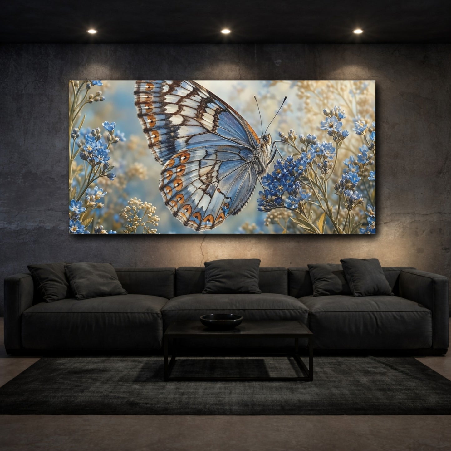 Mockup 2. Nature Butterfly Blue Butterfly Floral shown as stretched canvas wall art