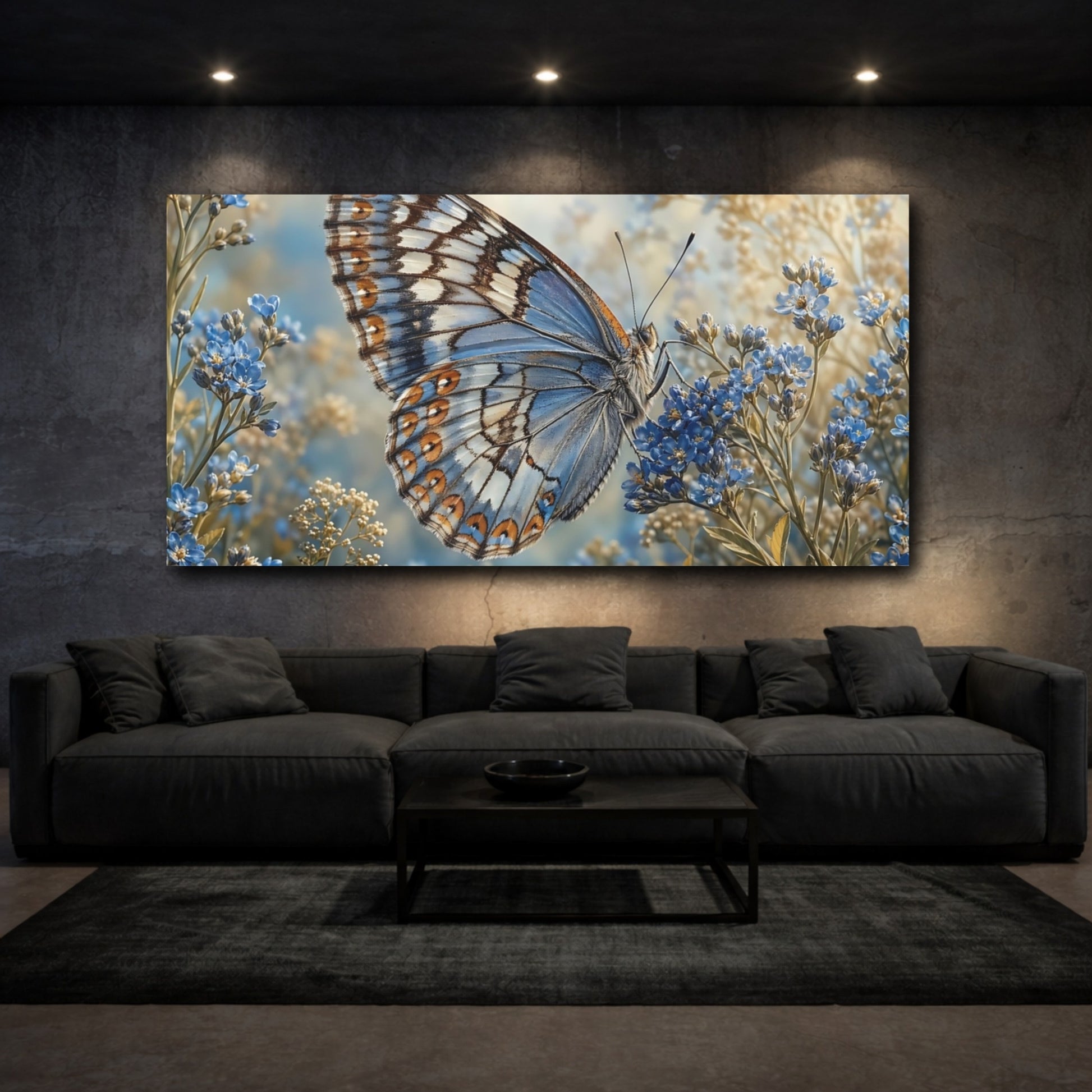 Mockup 2. Nature Butterfly Blue Butterfly Floral shown as stretched canvas wall art
