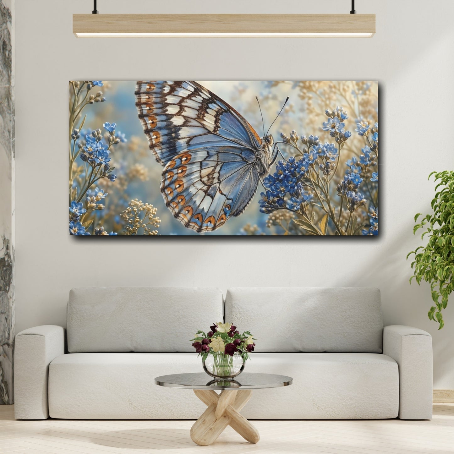 Mockup 3. Nature Butterfly Blue Butterfly Floral shown as stretched canvas wall art