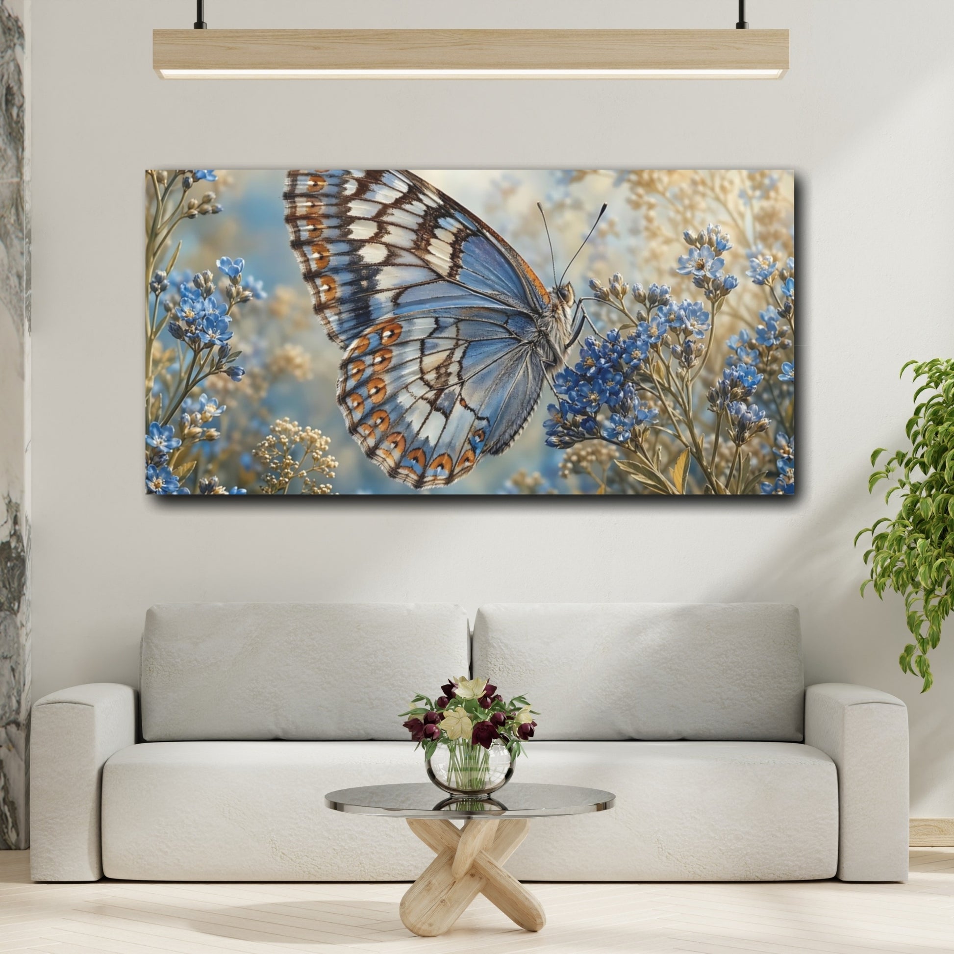 Mockup 3. Nature Butterfly Blue Butterfly Floral shown as stretched canvas wall art