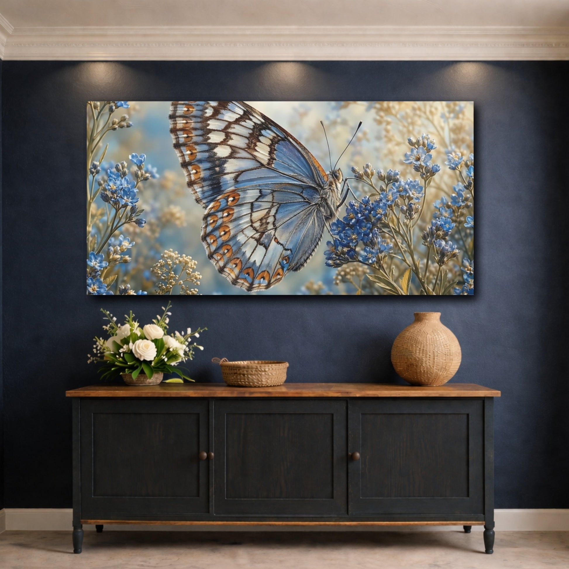Mockup 4. Nature Butterfly Blue Butterfly Floral shown as stretched canvas wall art