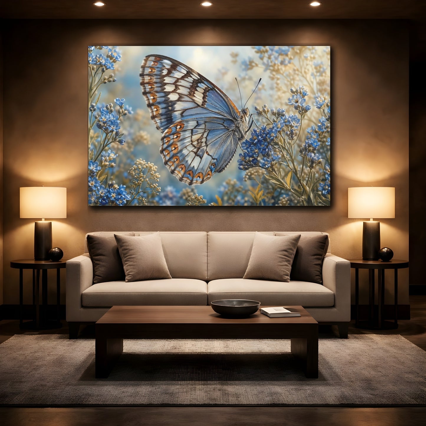 Mockup 2. Nature Butterfly Blue Butterfly shown as stretched canvas wall art