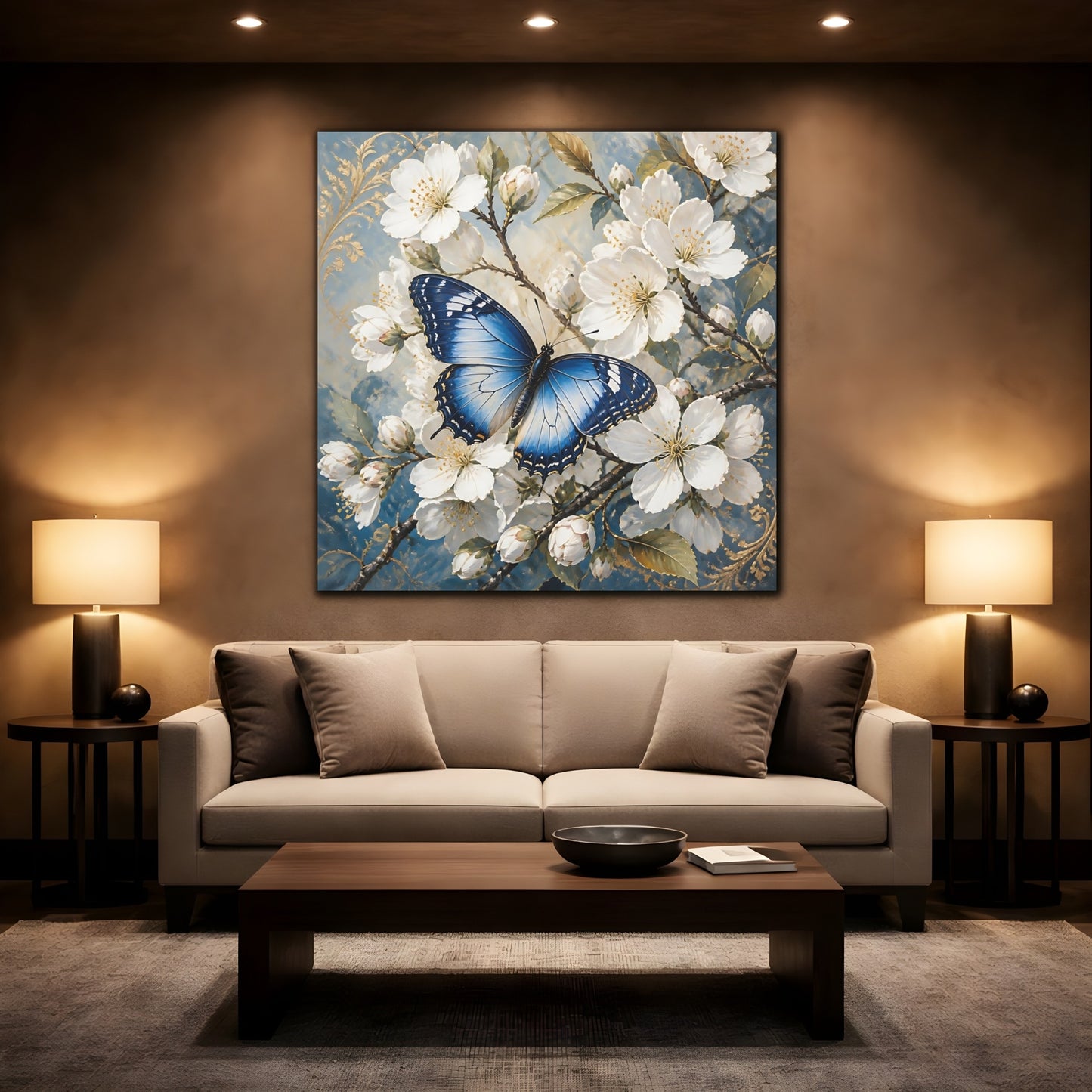 Mockup 2. Nature Butterfly Blue Butterfly shown as stretched canvas wall art