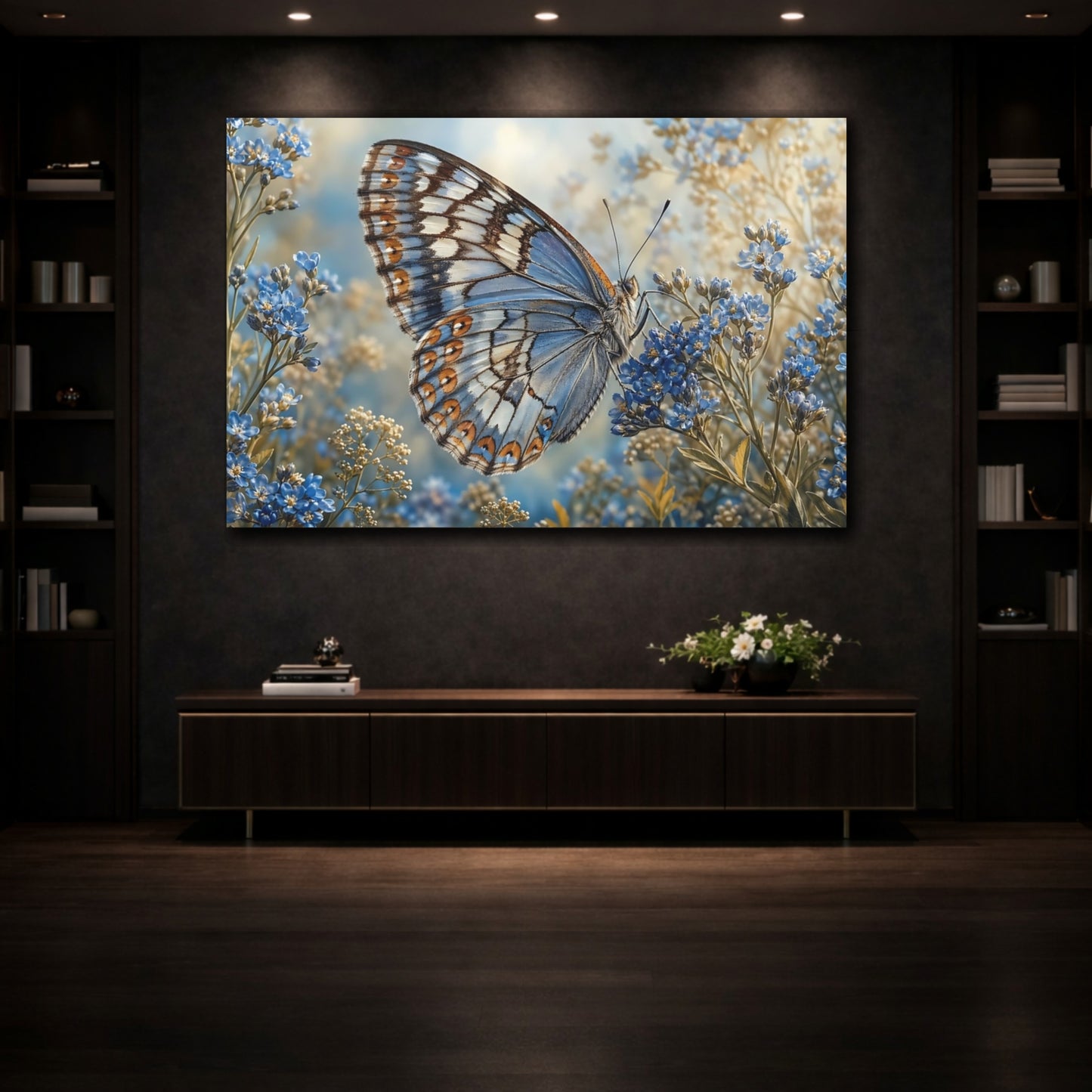 Mockup 3. Nature Butterfly Blue Butterfly shown as stretched canvas wall art