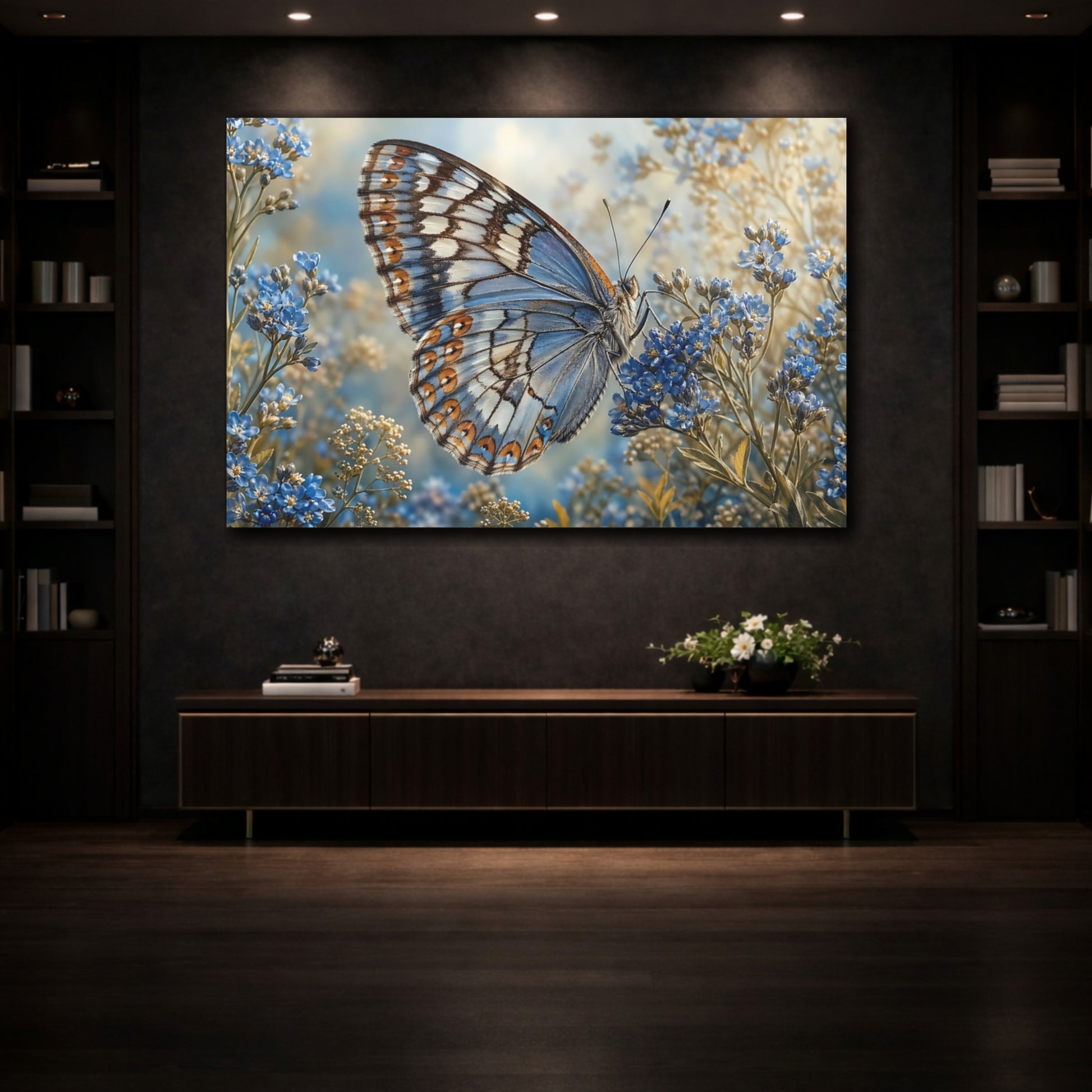 Mockup 3. Nature Butterfly Blue Butterfly shown as stretched canvas wall art