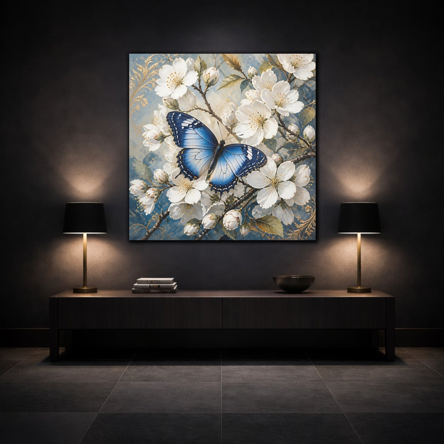 Mockup 3. Nature Butterfly Blue Butterfly shown as stretched canvas wall art