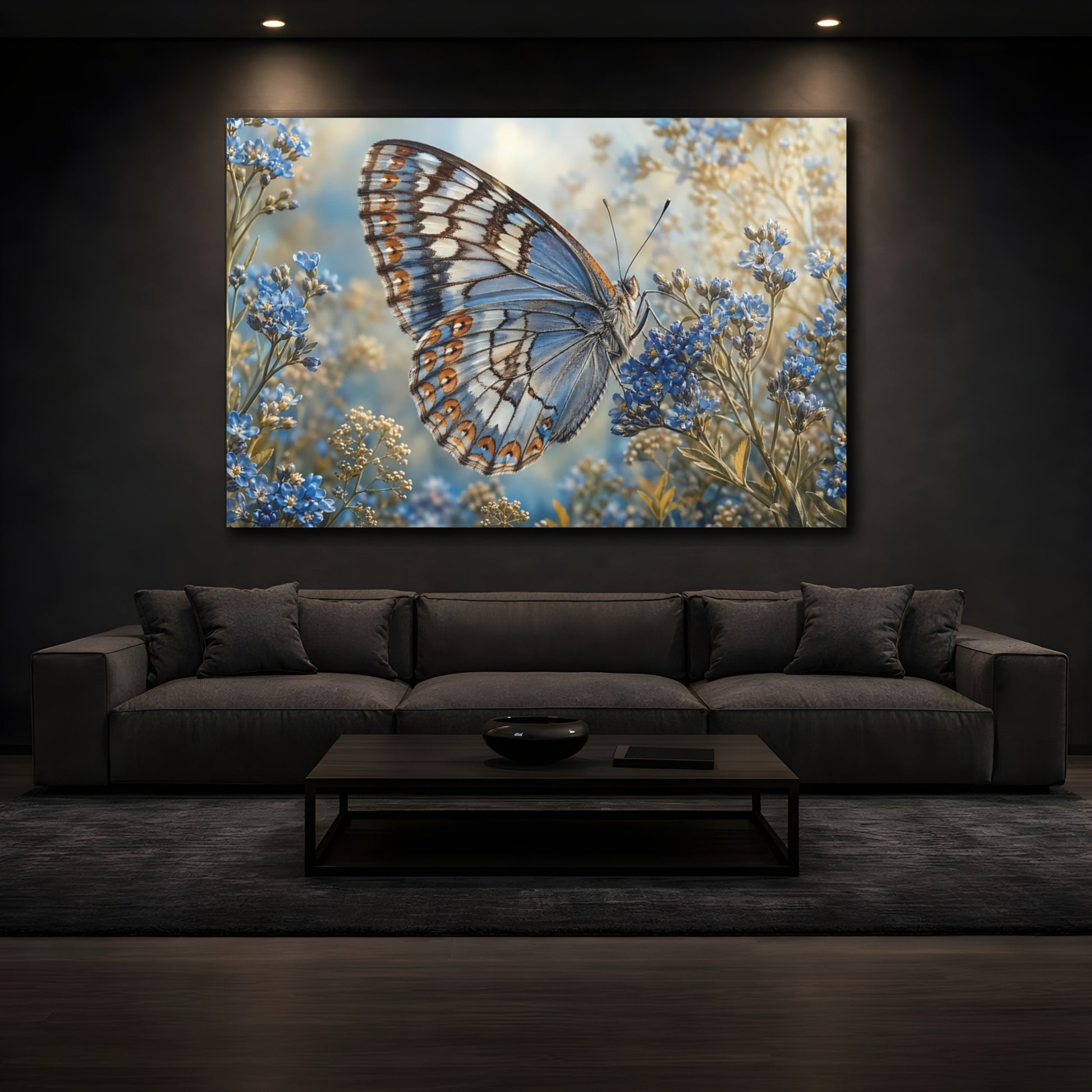 Mockup 4. Nature Butterfly Blue Butterfly shown as stretched canvas wall art
