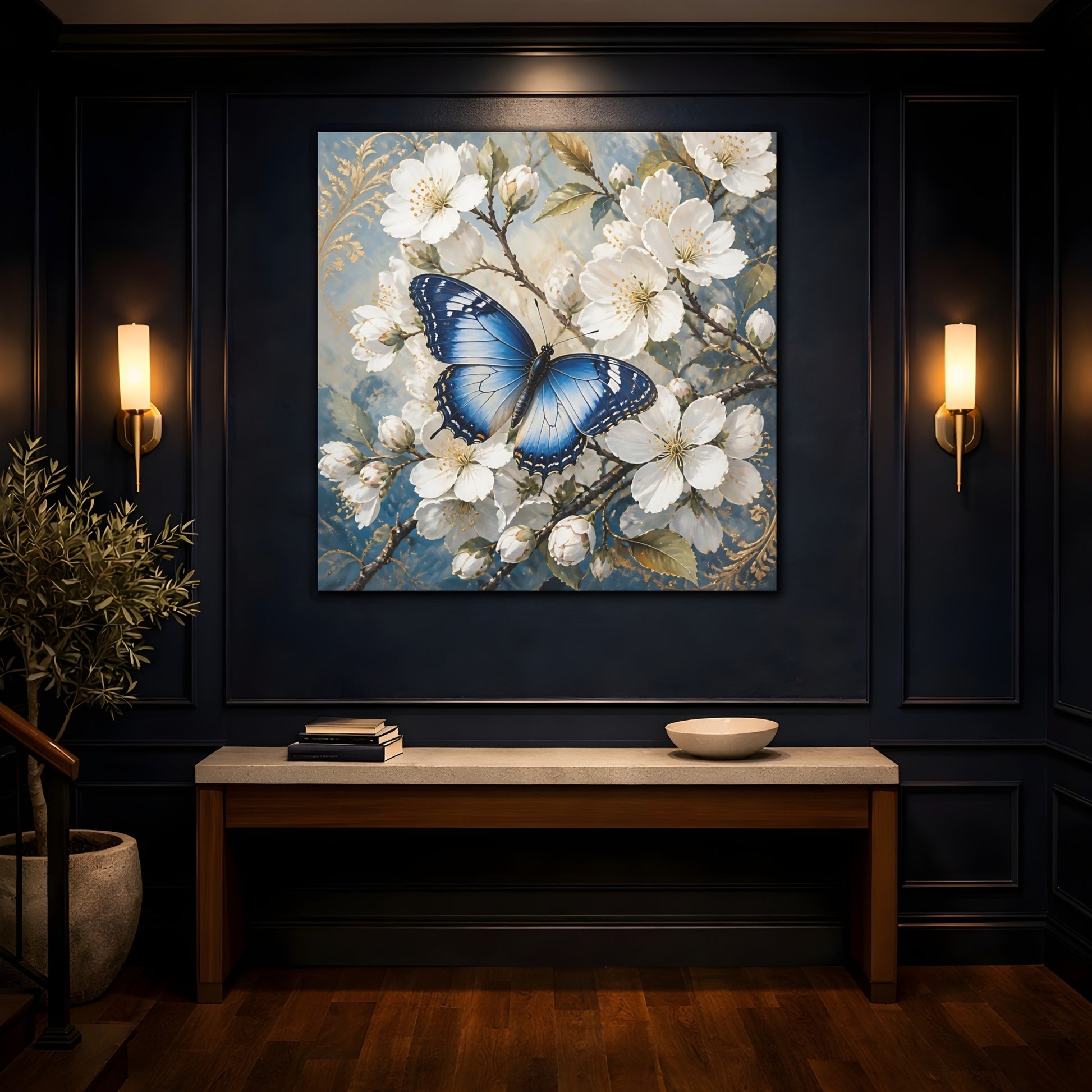 Mockup 4. Nature Butterfly Blue Butterfly shown as stretched canvas wall art