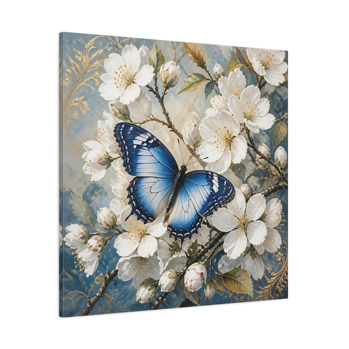 Side Mockup 1. Nature Butterfly Blue Butterfly shown as stretched canvas wall art