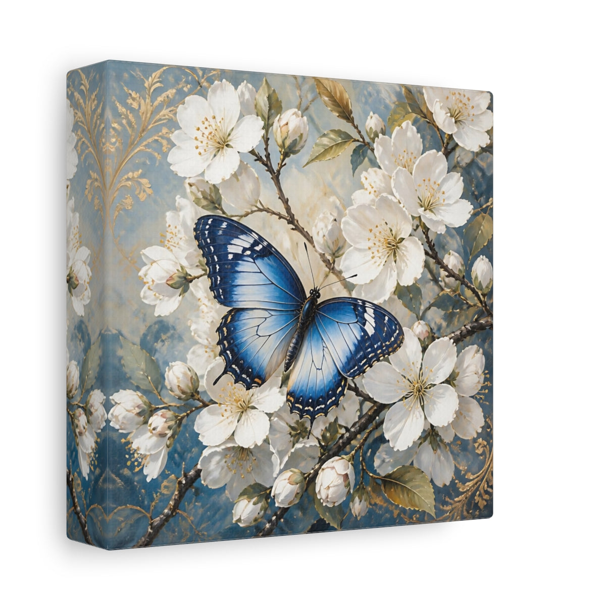 Side Mockup 2. Nature Butterfly Blue Butterfly shown as stretched canvas wall art