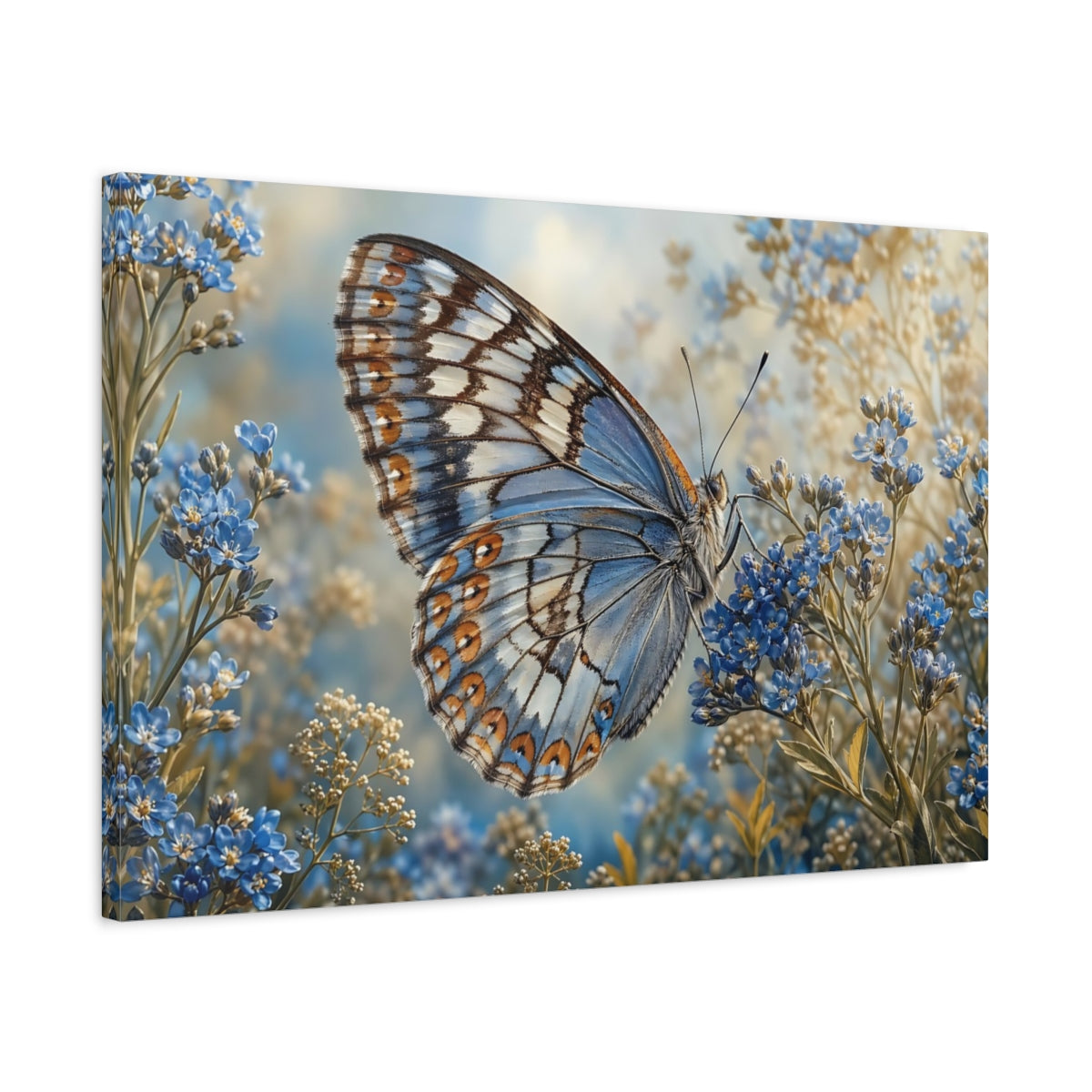Side Mockup 2. Nature Butterfly Blue Butterfly shown as stretched canvas wall art